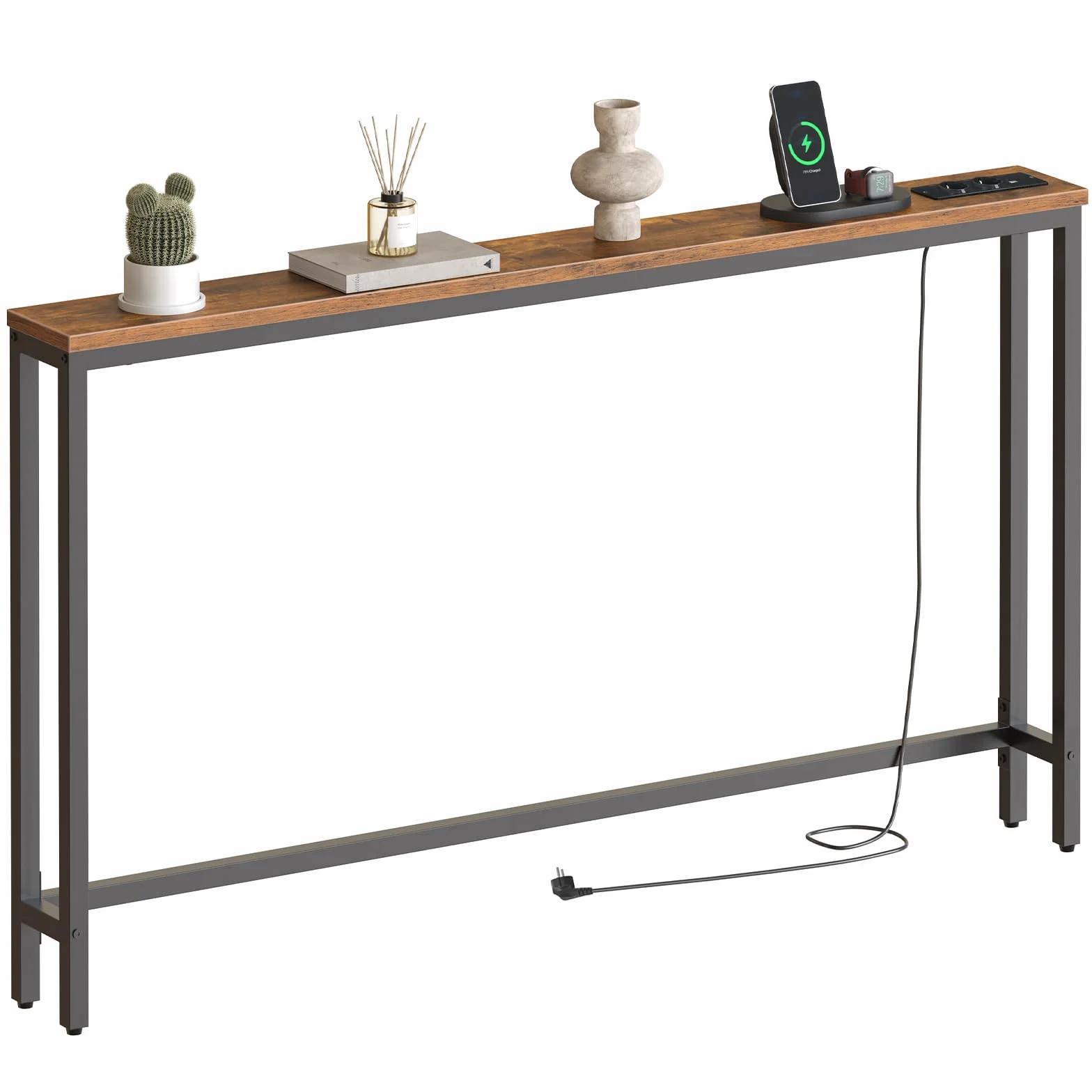 HOOBRO Wąski stolik konsolowy 140 cm z stacją ładującą, metalowa rama, brązowy vintage