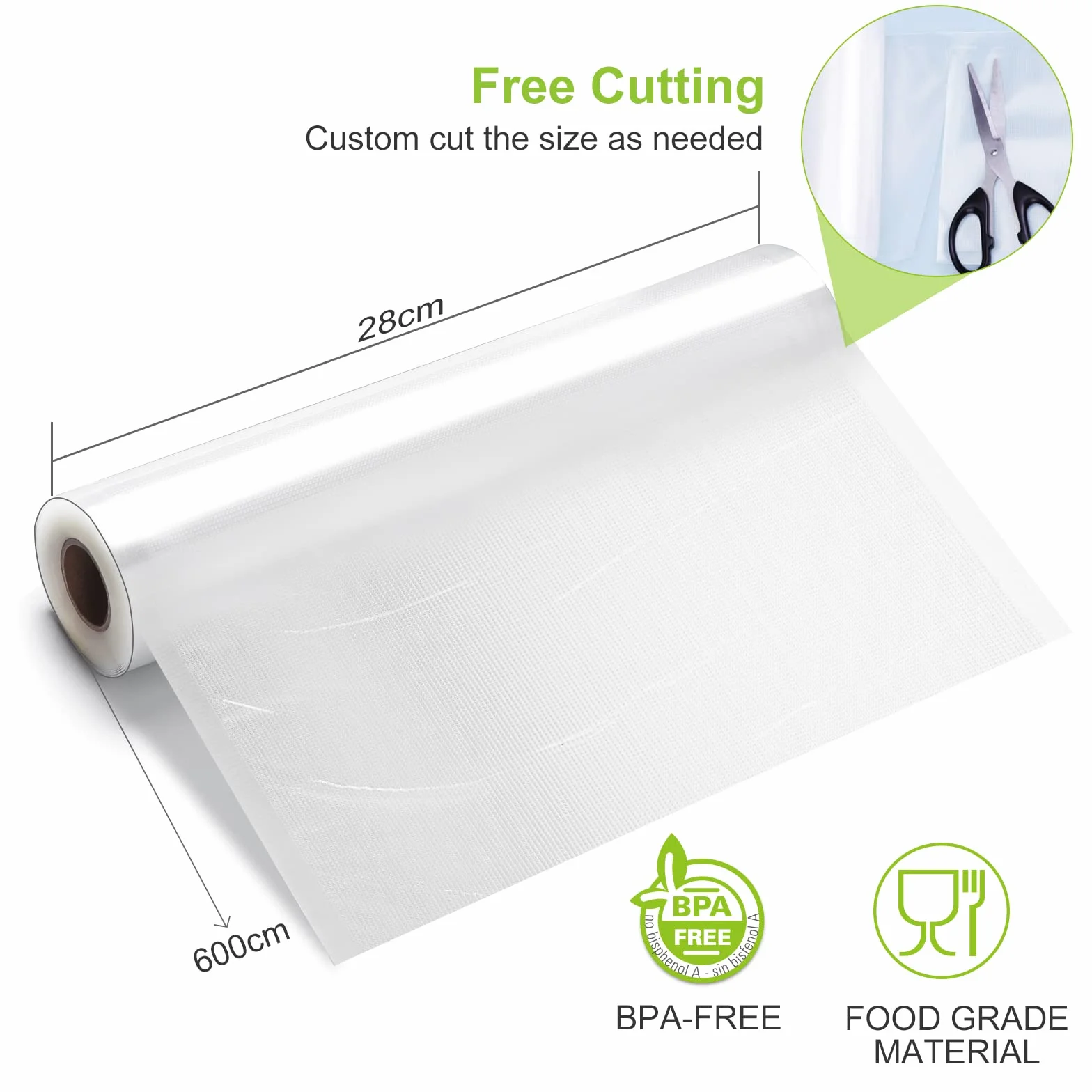 Bonsenkitchen Folia Próżniowa w Rolce 28 x 600 cm Worki Próżniowe do Zgrzewarek Żywności bez BPA Odporne na Gotowanie Zamrażanie Sous Vide