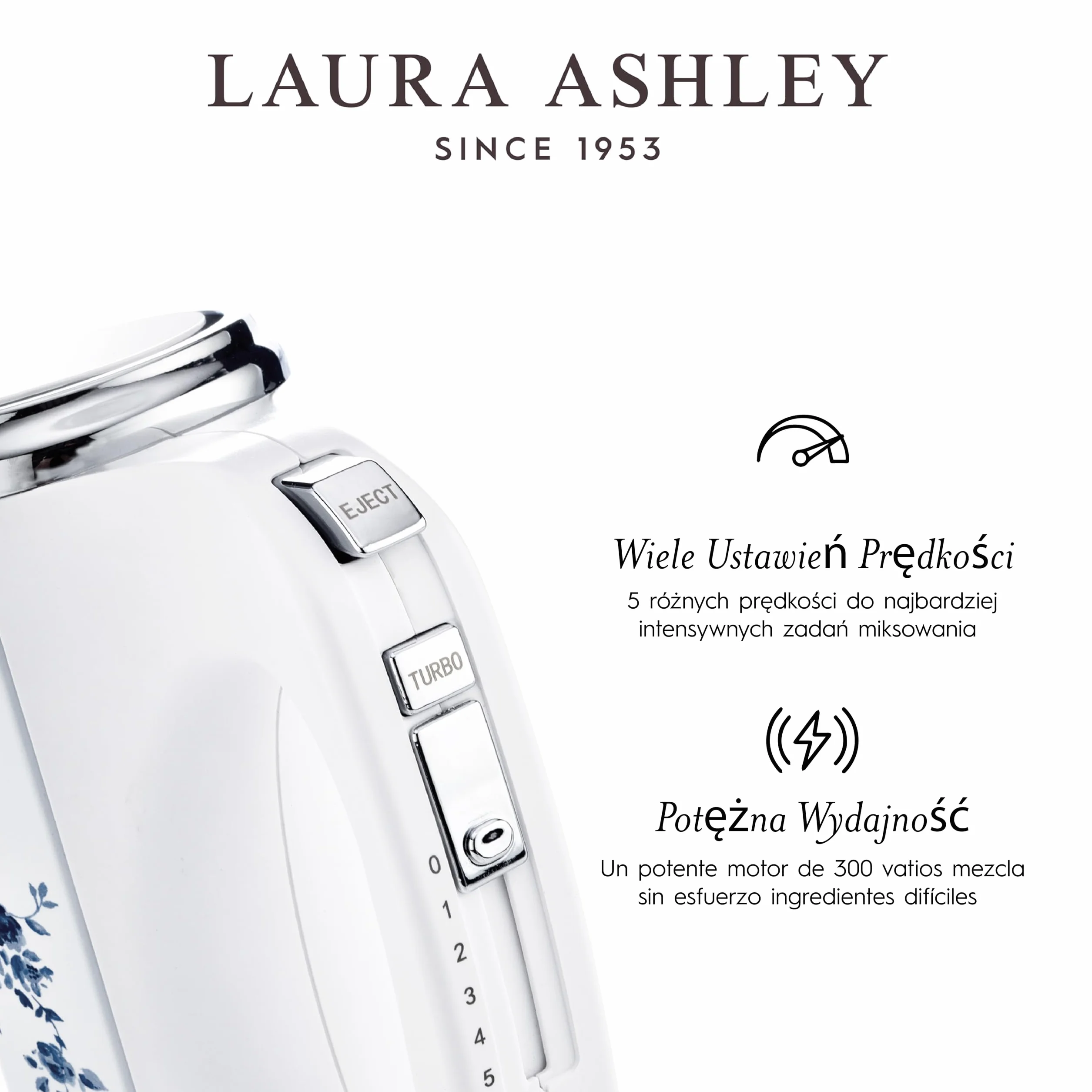 Laura Ashley Elektryczny Mikser Kuchenny 300W z Nadrukiem China Rose, 5 Prędkości, Stal Nierdzewna