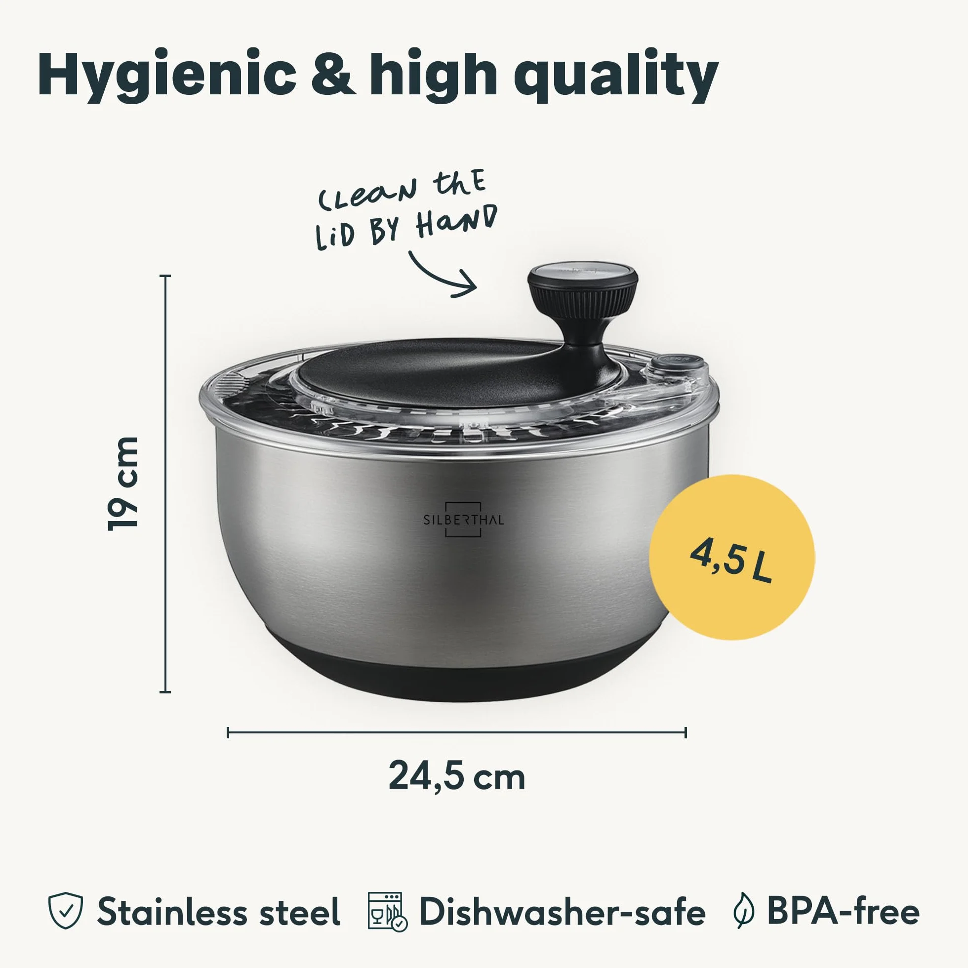 SILBERTHAL Spinner do sałatek ze stali nierdzewnej z pokrywką, duża i antypoślizgowa podstawa, 4,5 l, spinner, z korbą i przyciskiem stopu, nie zawiera BPA, nadaje się do mycia w zmywarce