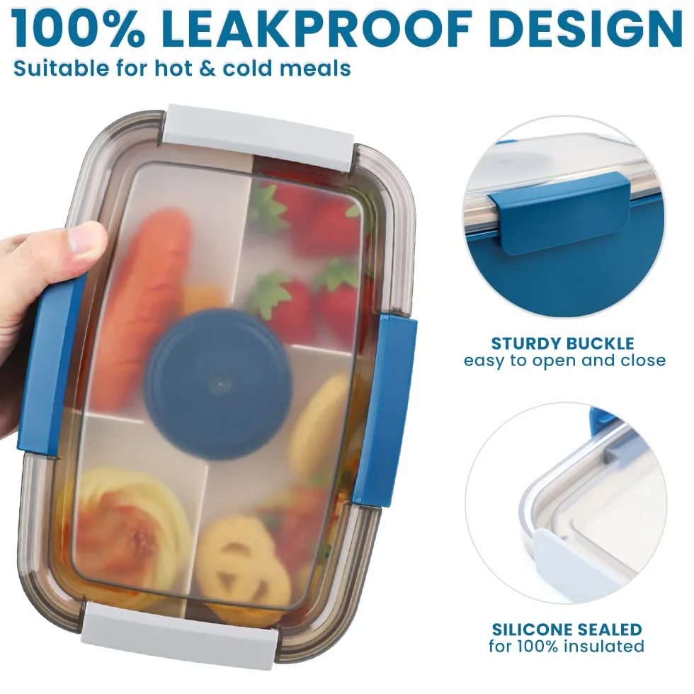 Bugucat Bento Box Pudełko na Lunch 2000 ML z 4 Przegródkami, Pojemnik na Sałatkę z Dressingiem, Wbudowana Łyżka