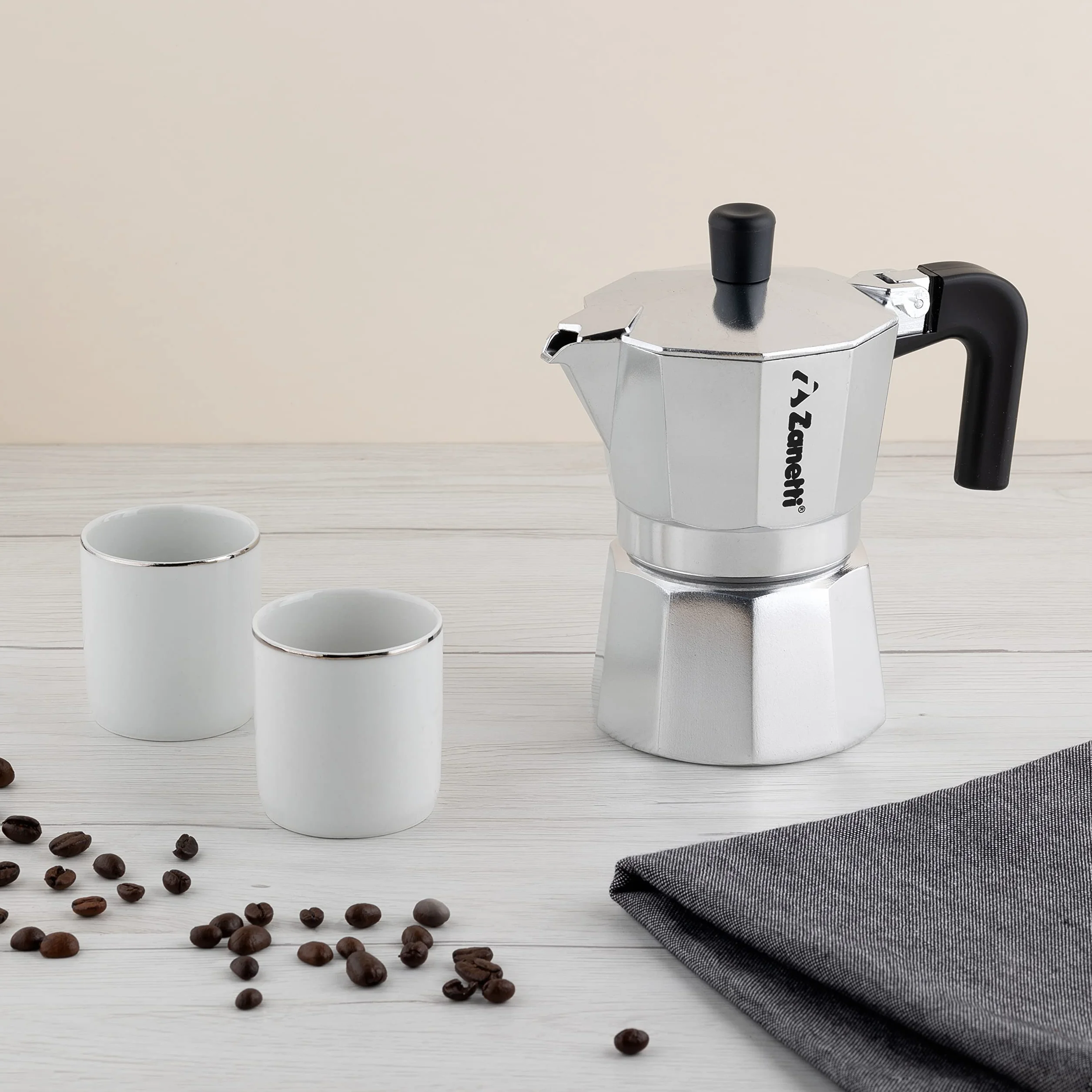 Zanetti, Mama Aluminiowy dzbanek do kawy Mocha, ekspres do kawy, 2 filiżanki, ekspres do kawy z systemem zapobiegającym kapaniu, uszczelnienie silikonowe, ergonomiczny uchwyt