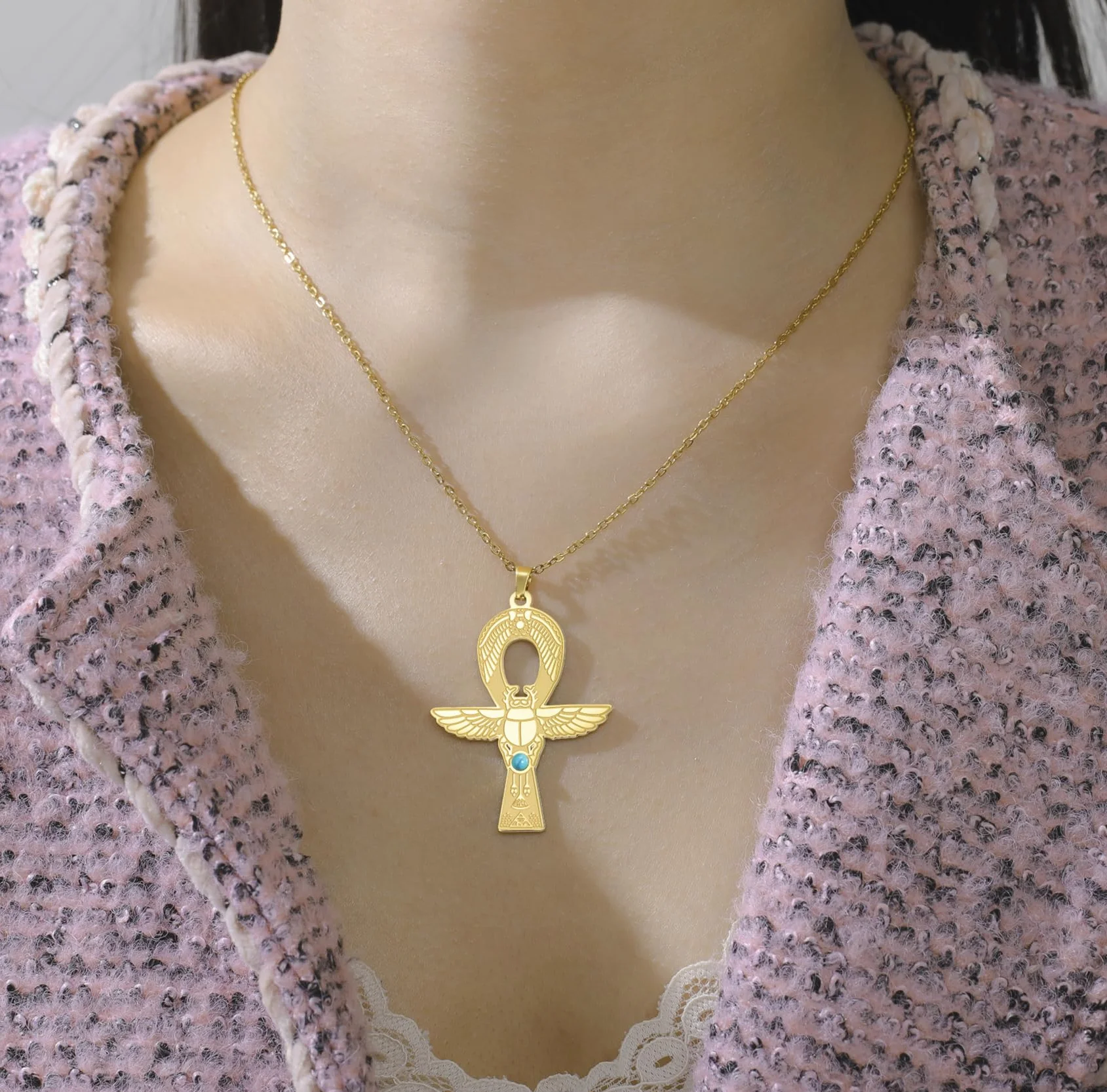 Ankh Cross Scarab Beetle naszyjnik dla kobiet klucz życia egipska Izyda wisiorek starożytny egipski amulet ochronny biżuteria religijna kartusz prezent