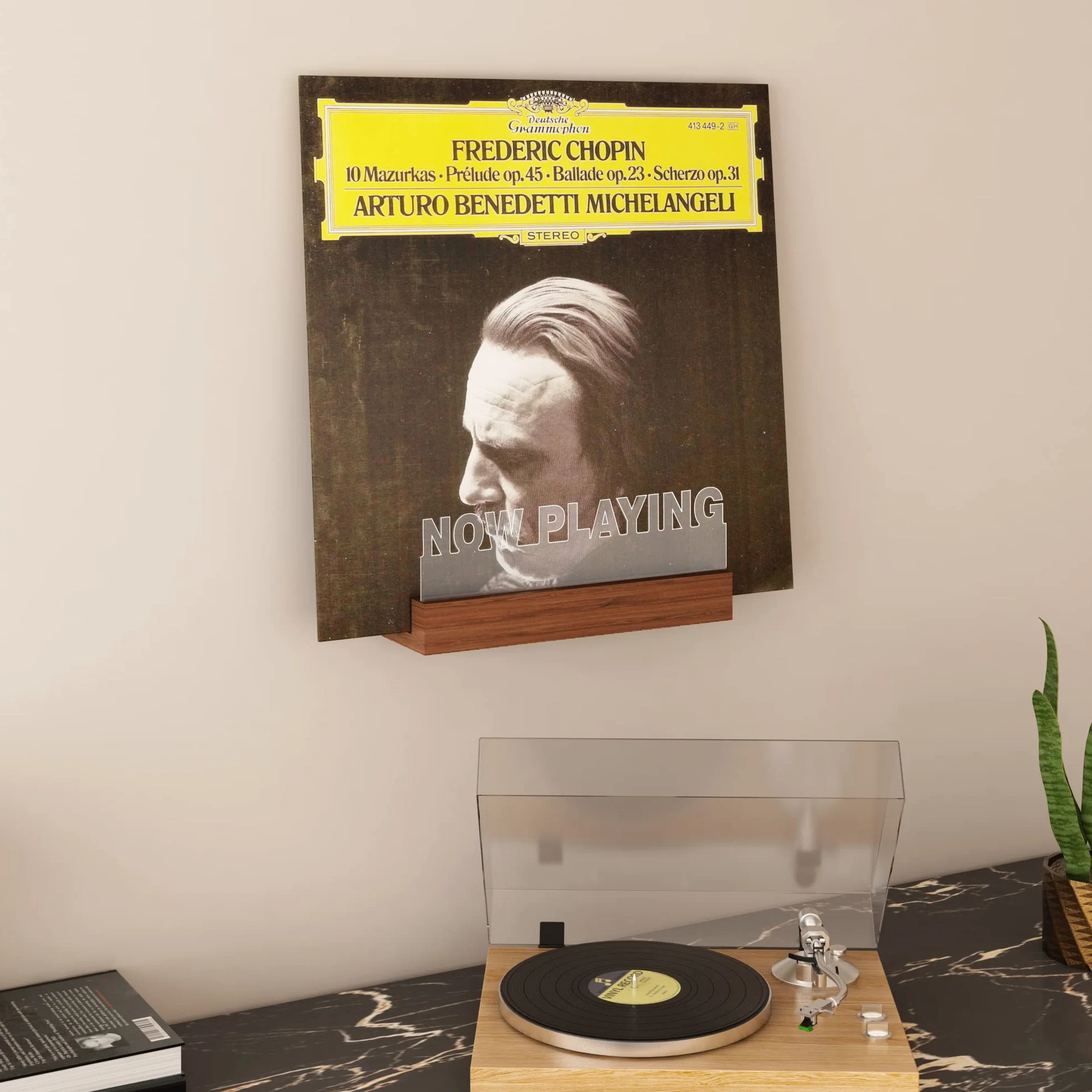 Vinyl Record Stojak ścienny drewniany akrylowy uchwyt do przechowywania z ciepłym białym światłem