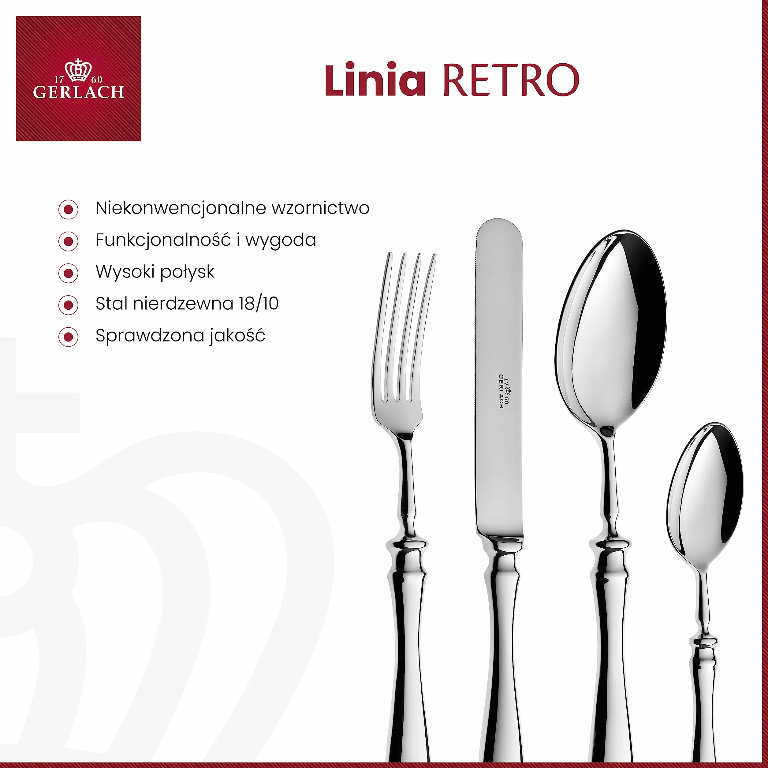 Gerlach Retro Zestaw Sztućców Dla 12 Osób Ze Stali Szlachetnej Nierdzewny Komplet Łyżka Widelec Nóż Obiadowy Łyżeczka Widelczyk Łopatka do Tortu Łyżka do Sałaty Do Zmywarki Połysk 68 El