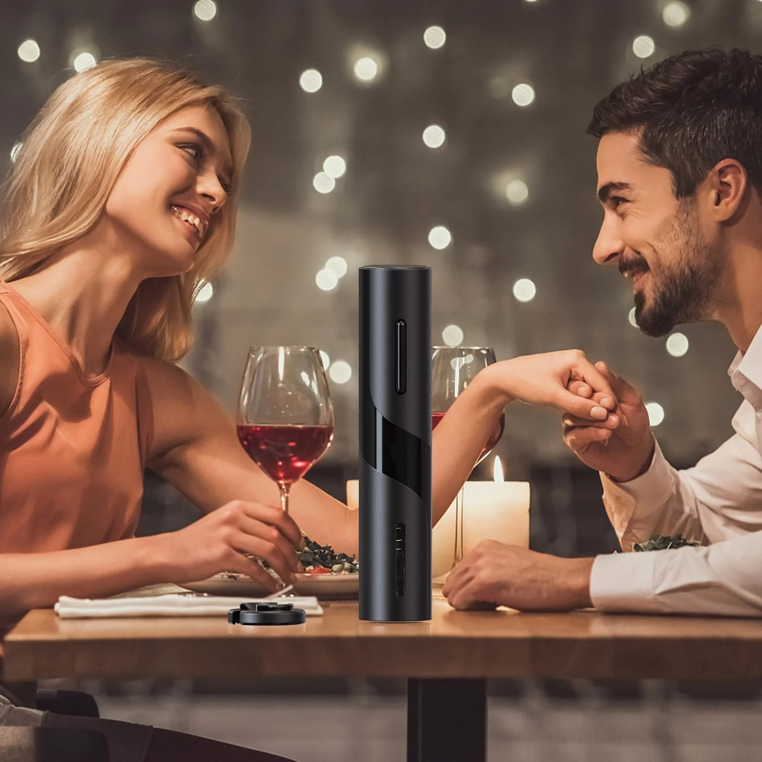 Quntis Elektryczny Otwieracz do Butelek Wina z Obcinaczem do Folii, Automatyczny Korkociąg z Oświetleniem LED, Stal Kabonowa z Teflonem, Parapetówka, Boże Narodzenie, Święto