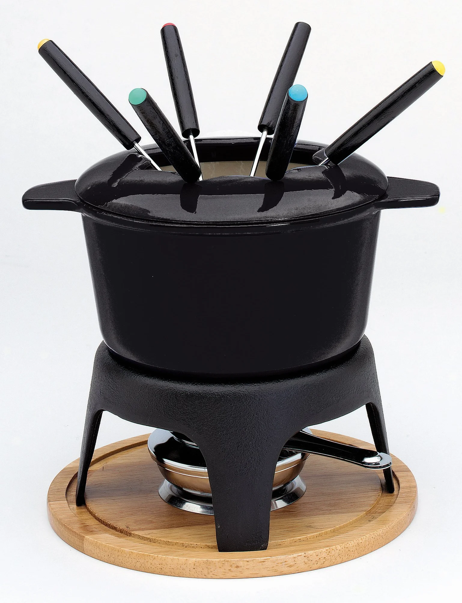 Baumalu, Czarny emaliowany zestaw do fondue dla 6 osób, rozmiar 17 cm, zawiera Caquelon, pokrywę zapobiegającą rozpryskiwaniu, palnikowi i 6 widelcom, idealny do posiłków przyjaznych dla użytkownika