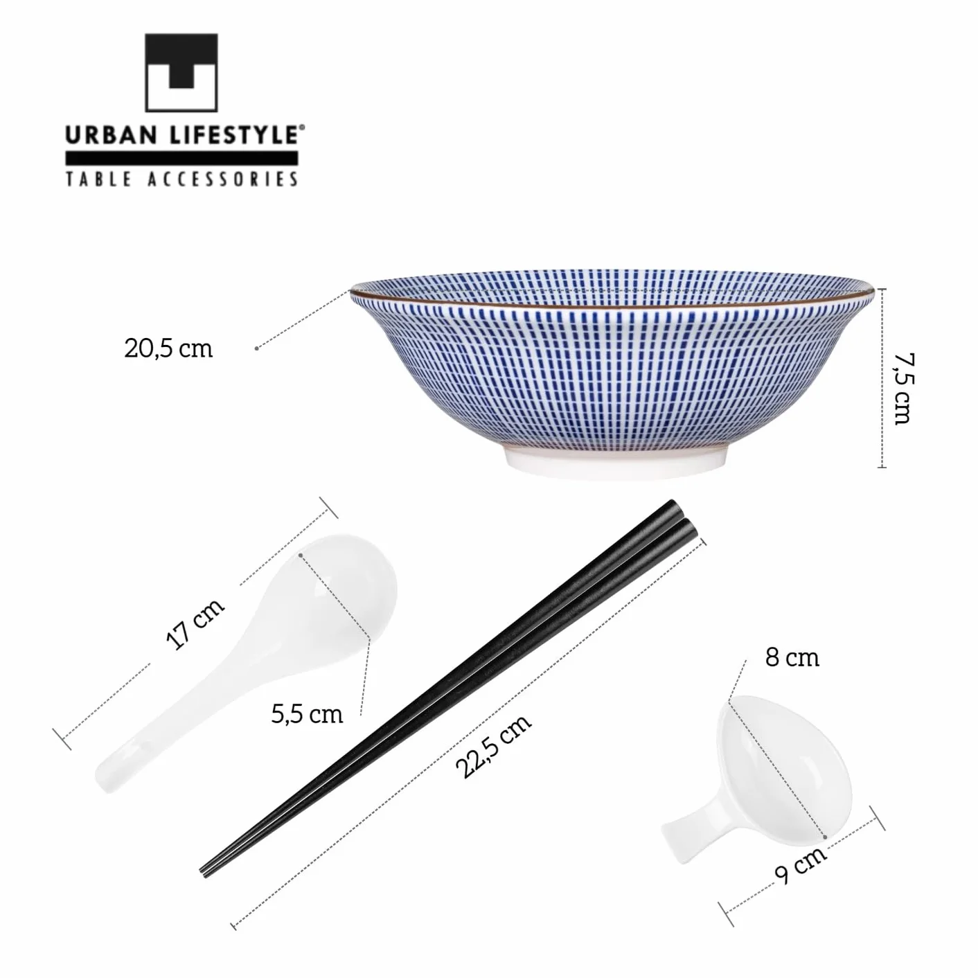 Urban Lifestyle Zestaw Misek do Ramen dla 2 Osób TOKUSA Azjatycka Zastawa z Porcelany Ø 20,5 cm 1000 ml z Łyżkami do Ramen, Miseczkami na Sos i Pałeczkami, Styl Japoński