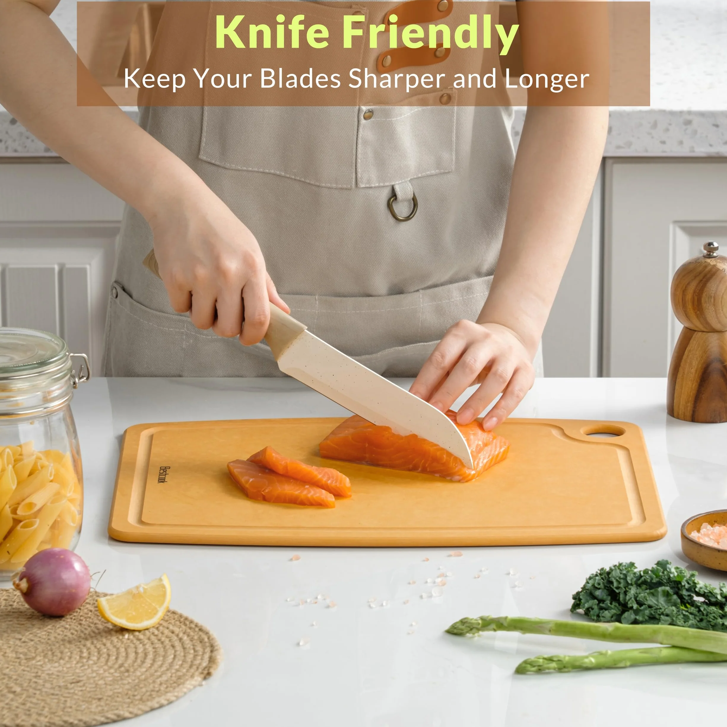 BESTCOOK Deska do krojenia z włókna drzewnego do kuchni, bez BPA, dwustronna, trwała, z rowkiem na sok, nieporowata, nadaje się do mycia w zmywarce, antypoślizgowa, przyjazna dla noża, do mięsa