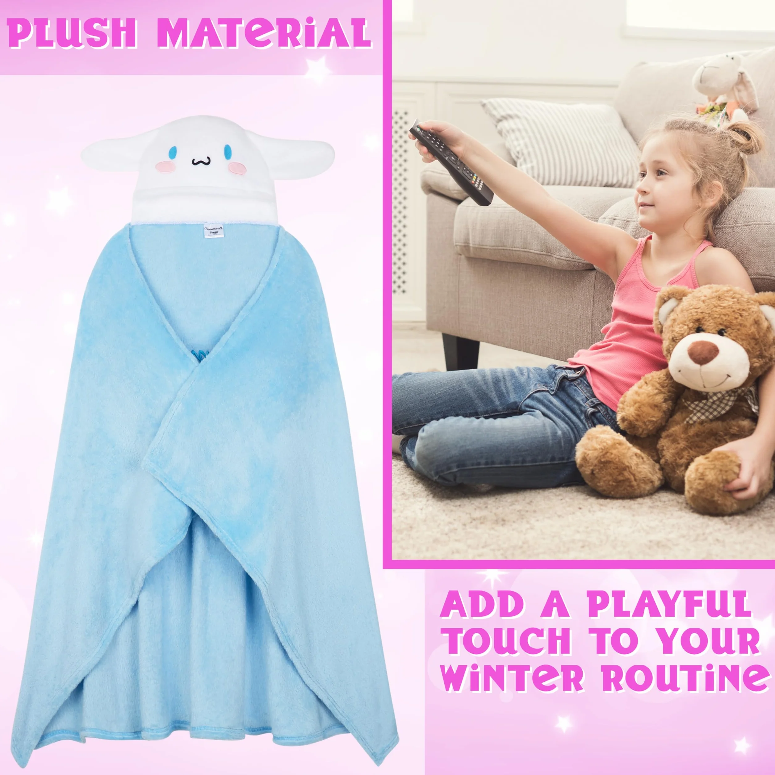 Hello Kitty Sanrio Koc z kapturem dla dziewcząt i nastolatków, Kuromi Cinnamoroll, ciepły i miękki koc polarowy, do przytulania, Kawaii Anime Gift (Cinnamoroll)
