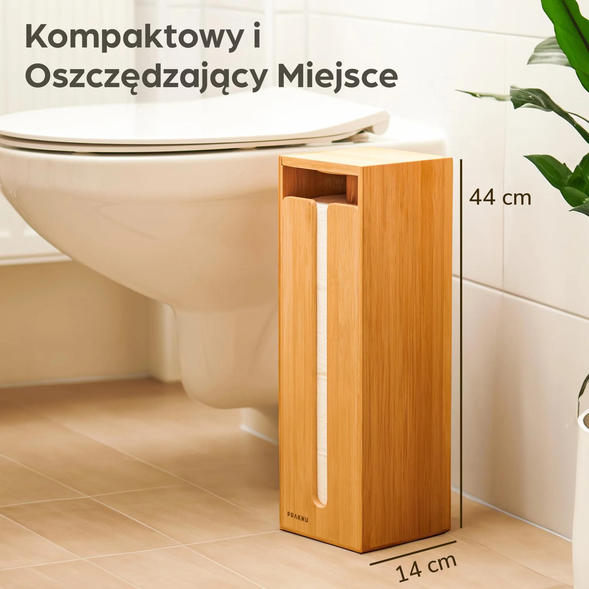 Stojący Uchwyt na Papier Toaletowy Bambus FSC z Magnetyczną Pokrywą 4 Rolki Antypoślizgowy