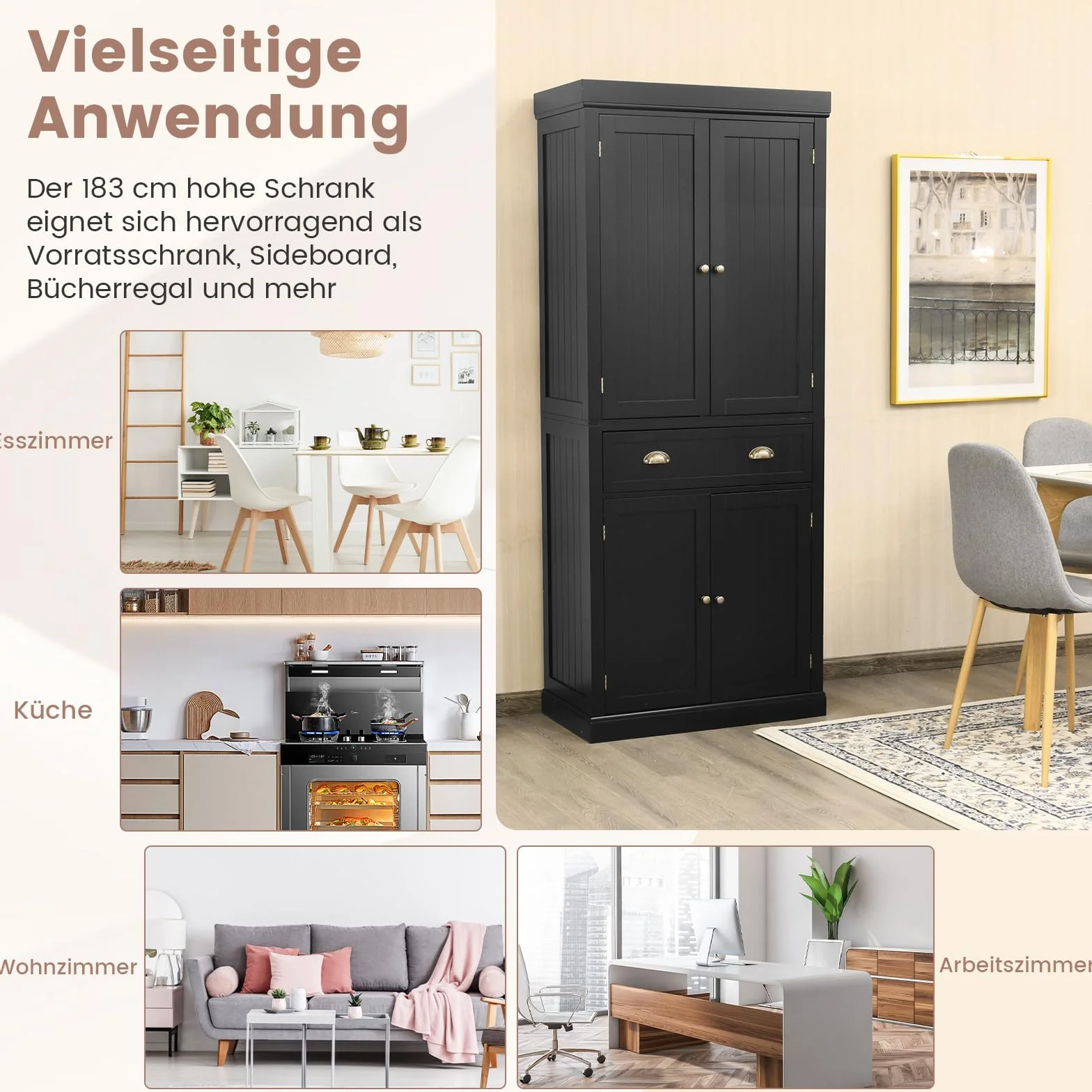 COSTWAY Szafka kuchenna z drewna, szafka bufetowa z regulowanymi półkami, 4 drzwi i szuflady, wysoka szafka bufet kuchenny, wolnostojąca do kuchni, jadalni, salonu, 76 x 40 x 183 cm, czarna