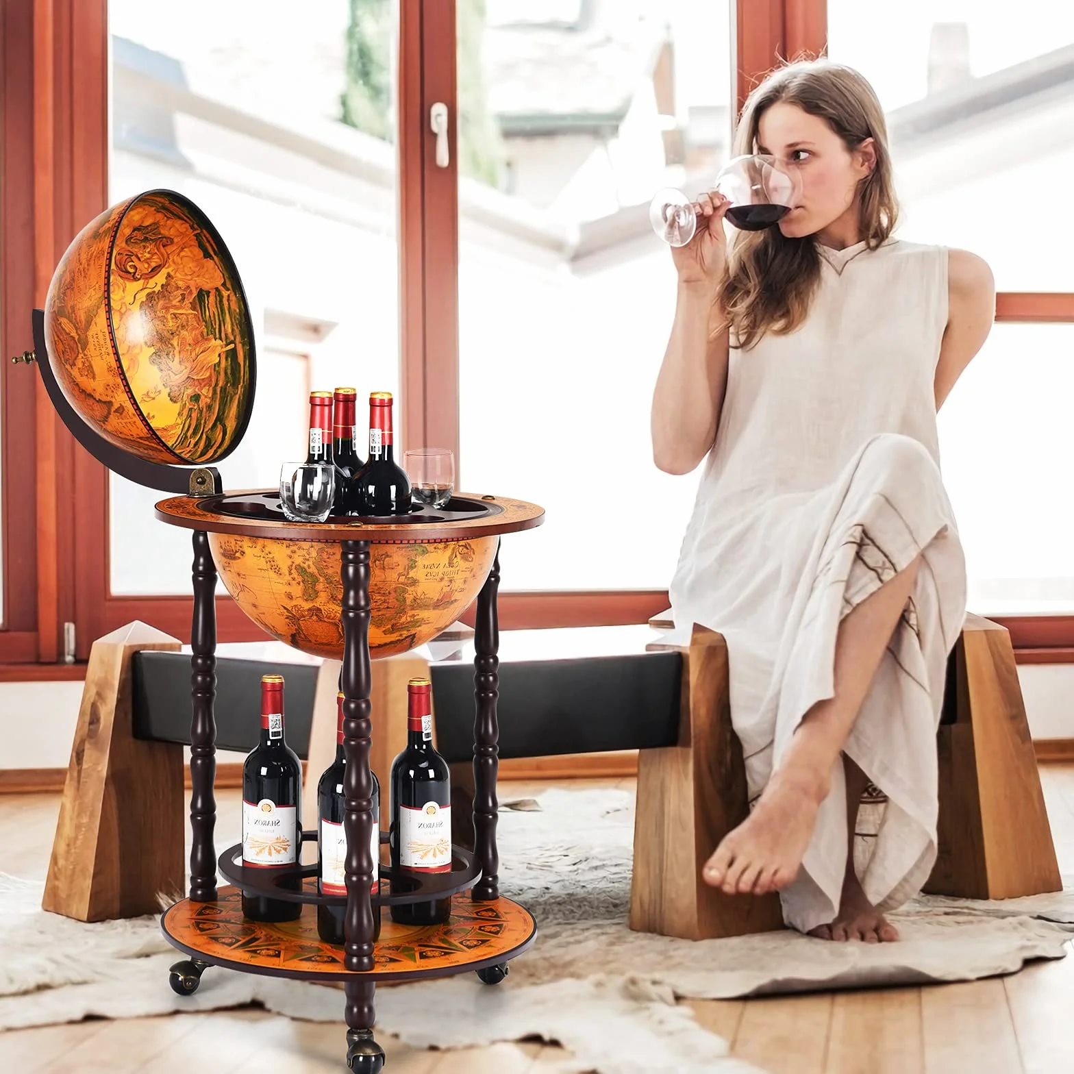 Giantex barek domowy globus vintage minibar z płytą podłogową eukaliptus 3 kółka