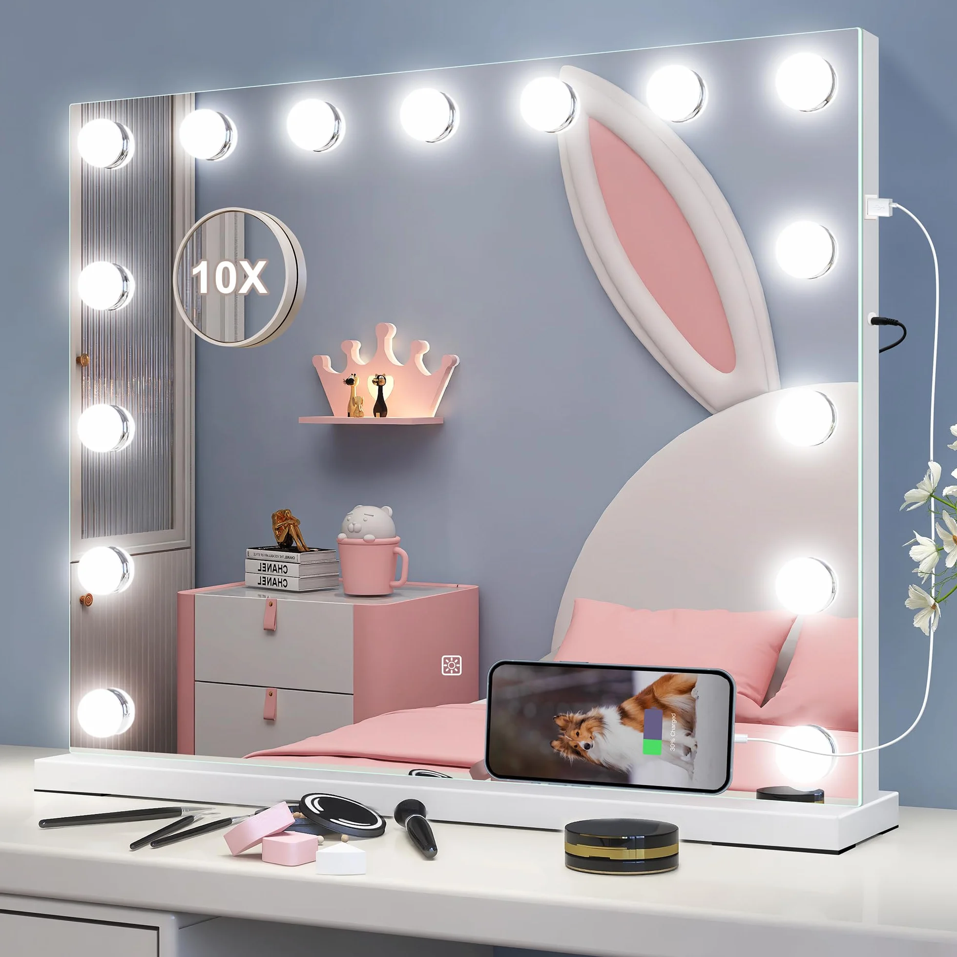 Lustro do Makijażu Hollywood z Oświetleniem 58x46 cm 10x Lupa USB 3 Tryby Świecenia 15 Diod LED