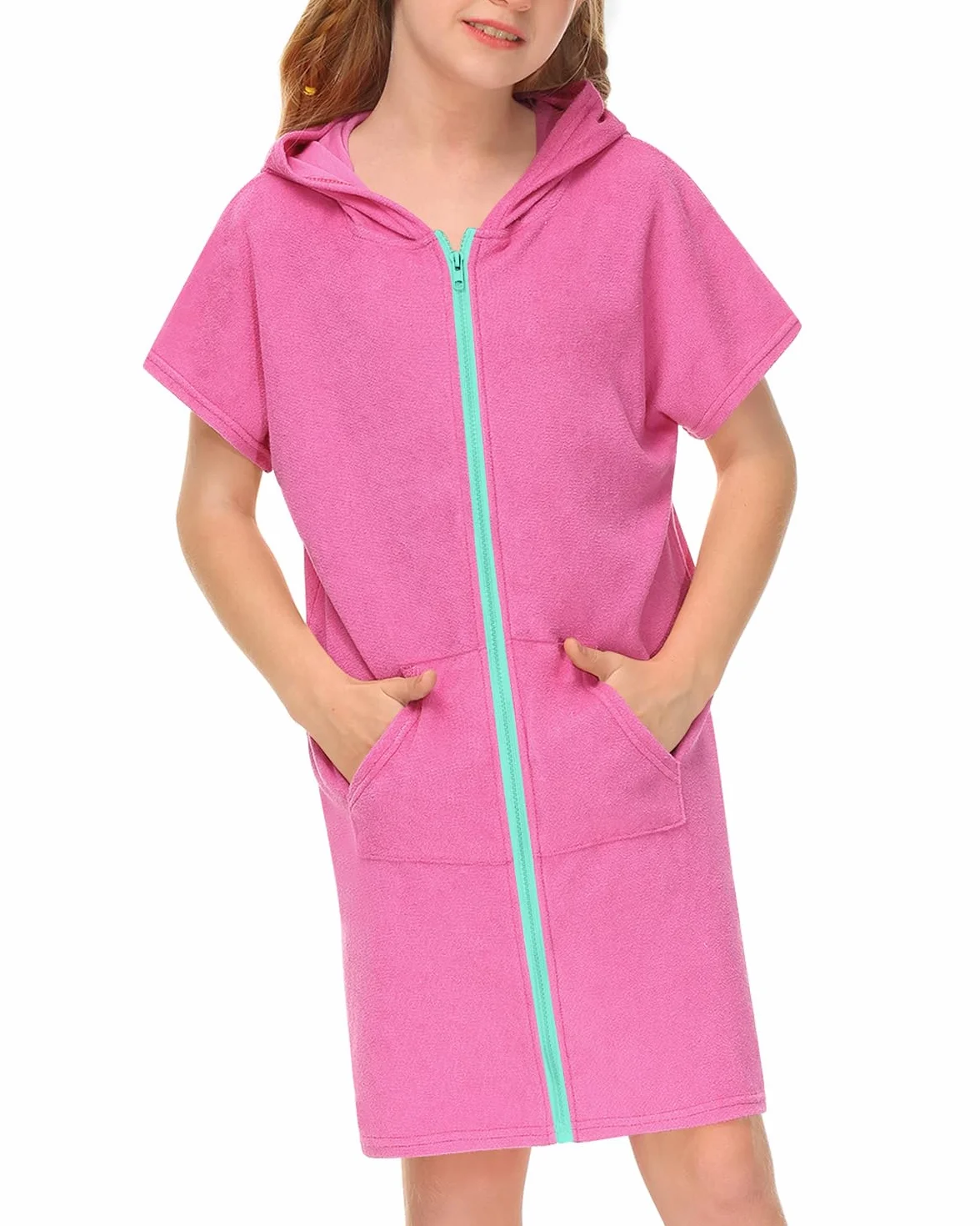 BesserBay Ponczo kąpielowy dla dziewczynek i chłopców, ręcznik frotte, szlafrok z kapturem, ponczo z kieszeniami, odzież plażowa unisex dla dzieci 120-160, Rosa, 140