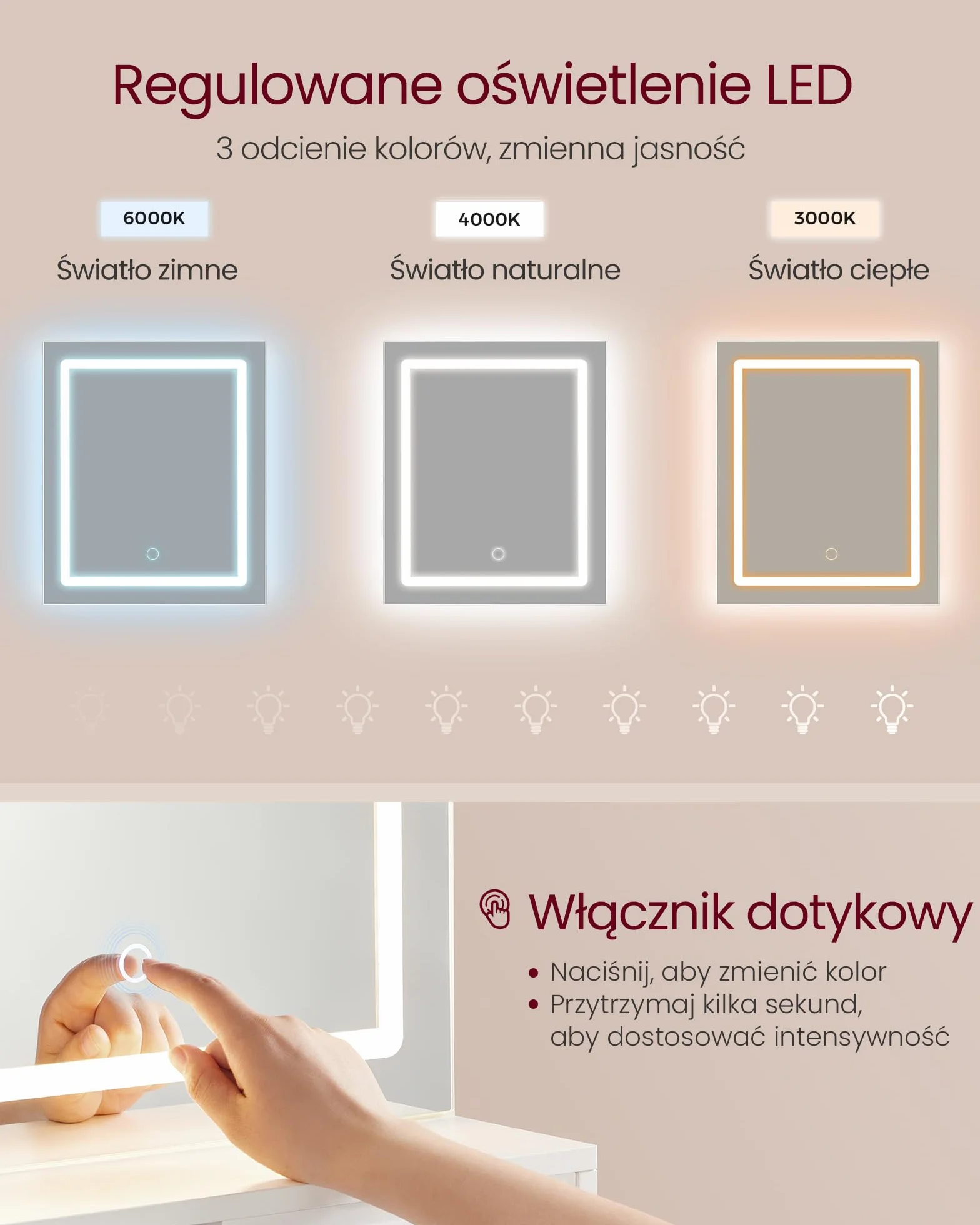 VASAGLE Kolekcja Kailyn – Toaletka z Lustrem LED i Listwą Zasilającą, Szafka z 2 Regulowanymi Półkami, Biała