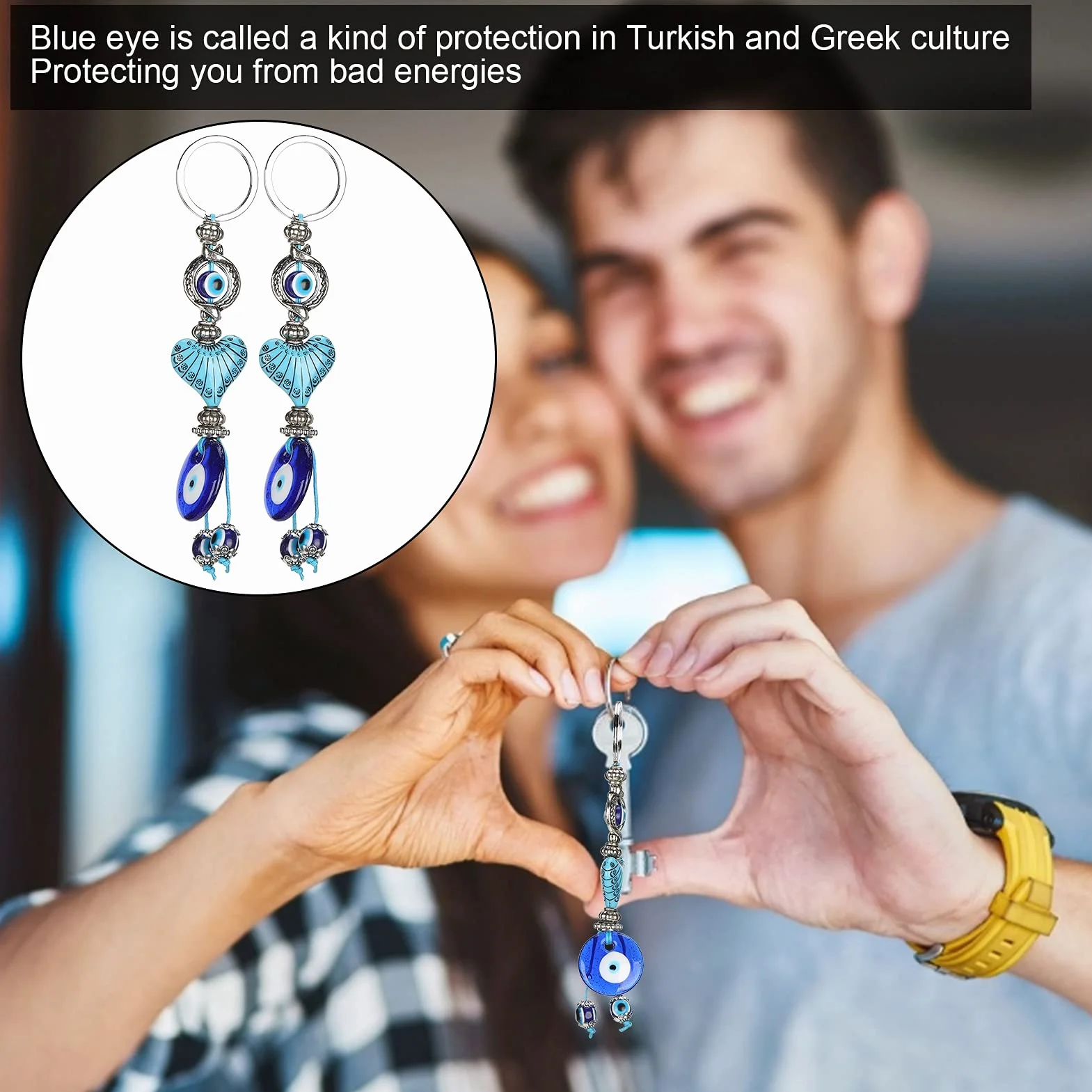 Fydun 2 szt. Evil Eyes brelok do kluczy Lucky Eye kółko na klucze niebieski turkusowy amulet koraliki w kształcie serca zawieszka kółko na klucze biżuteria