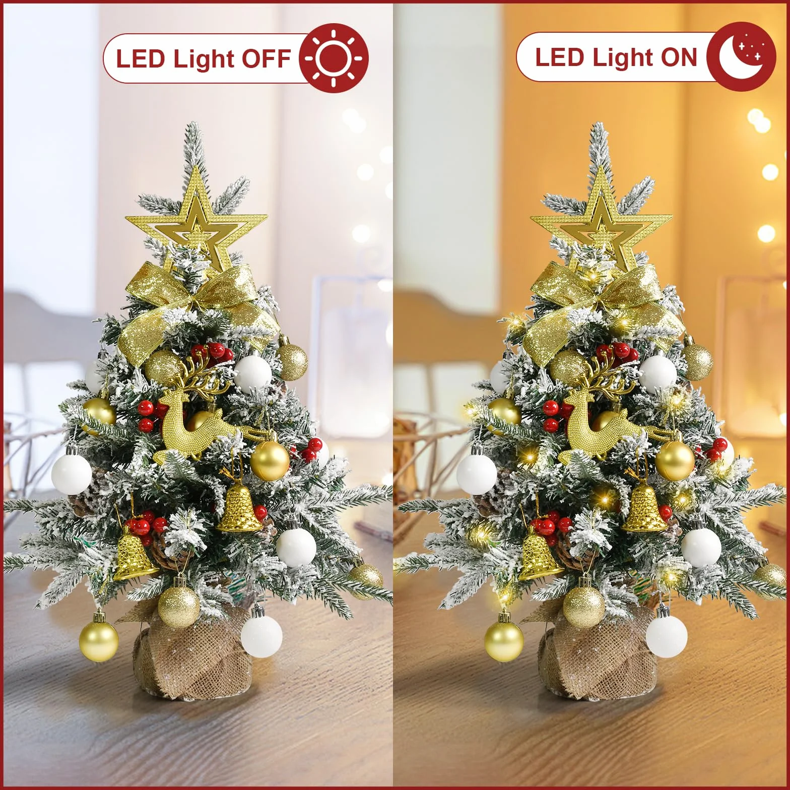 Sztuczna choinka, mała, 60 cm, mini choinka z 40 diodami LED w kolorze ciepłej bieli, bombki bożonarodzeniowe, czubek gwiazdy, dekoracja bożonarodzeniowa, do wnętrz, biura, na Boże Narodzenie, adwent