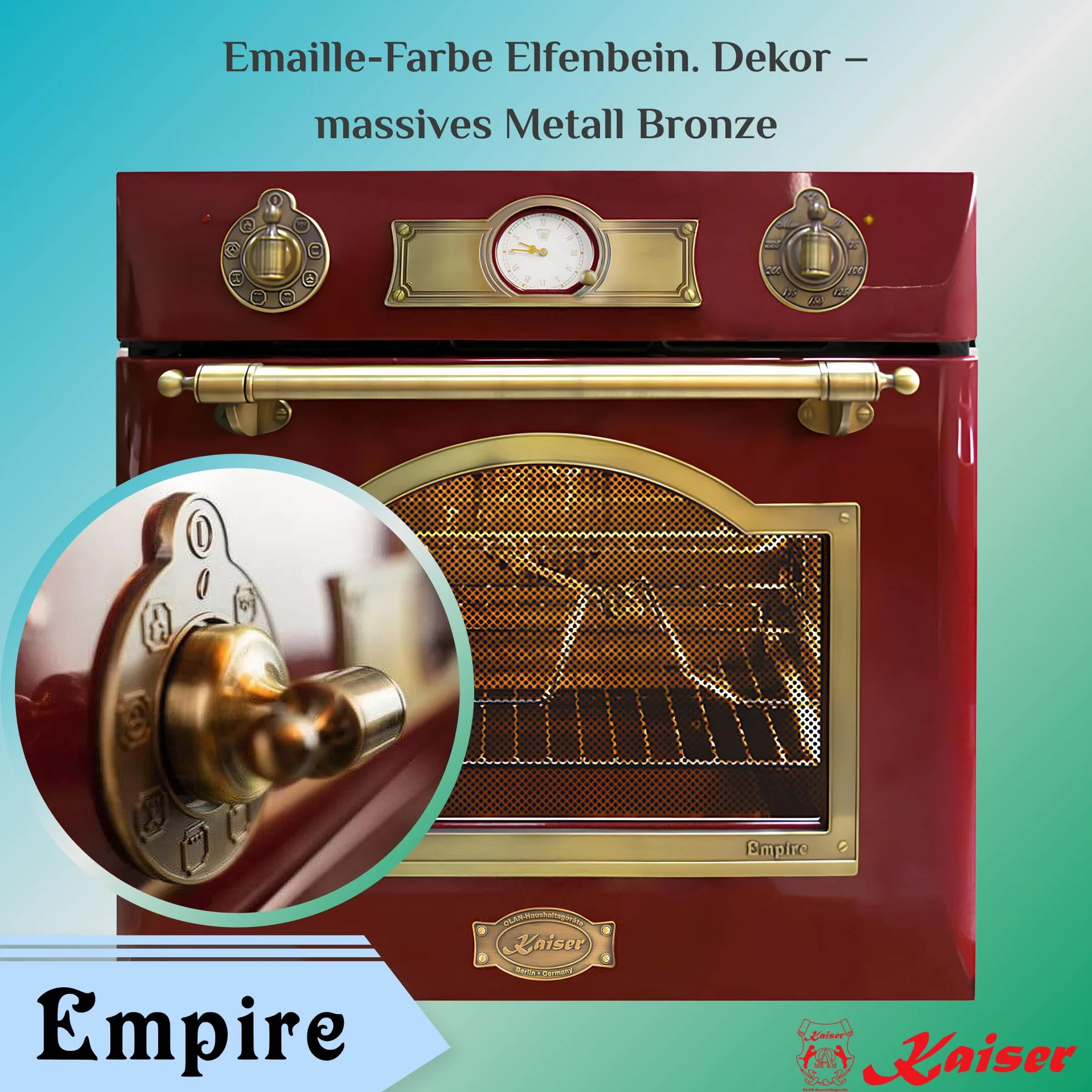 Kaiser Zestaw piekarnika 60 cm Empire RotEm EH 6355+KCT 6195+A 6315 • Autark zestaw do kuchenek indukcyjnych • Retro Vintage zestaw kuchenny bordowy • piekarnik do zabudowy 67 l • FREE ZONE z