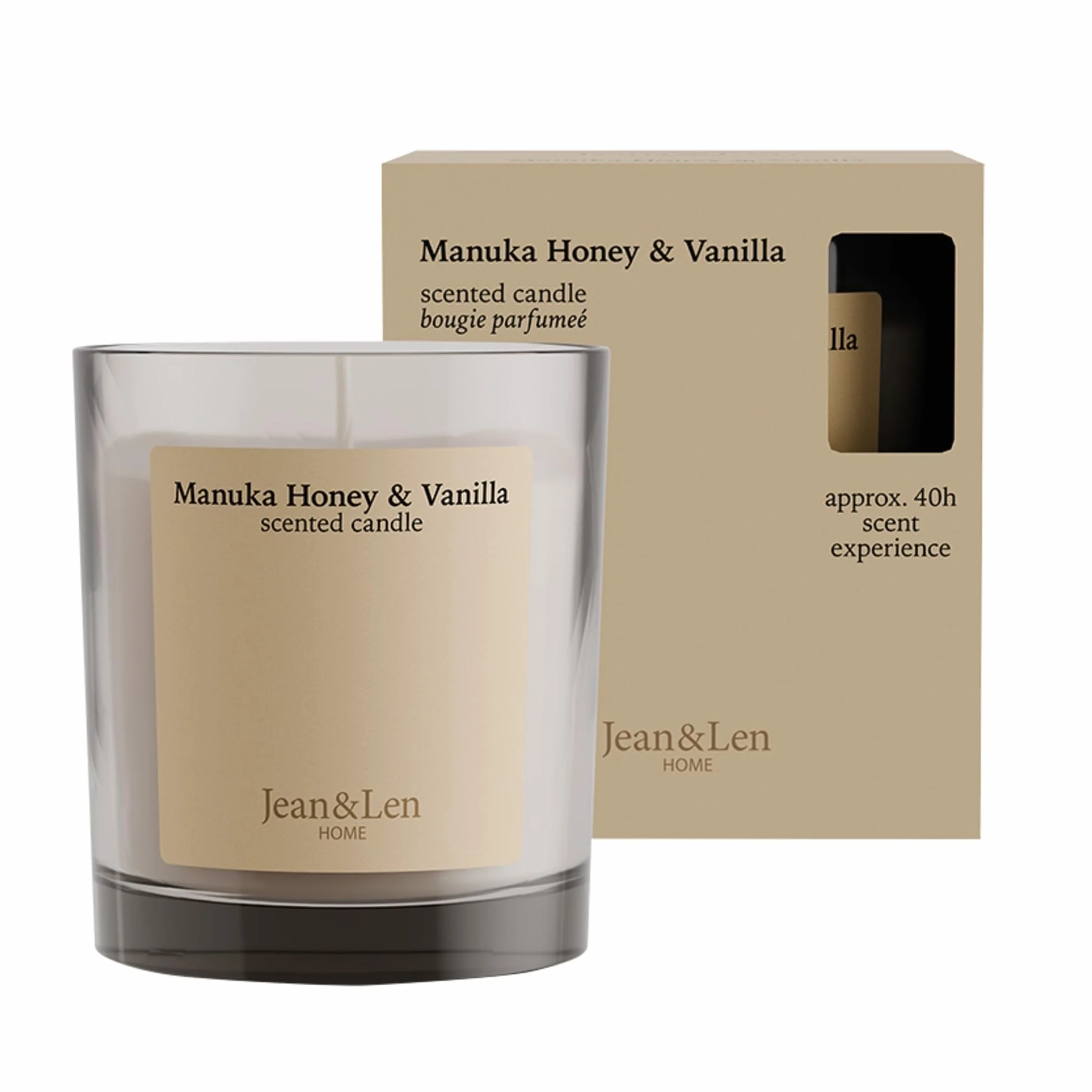 Jean & Len Manuka zapachowa świeca waniliowa z masłem shea, trwała około 40 godzin, minimalistyczny design, ciepły i zmysłowy zapach, wegańska, 195 g