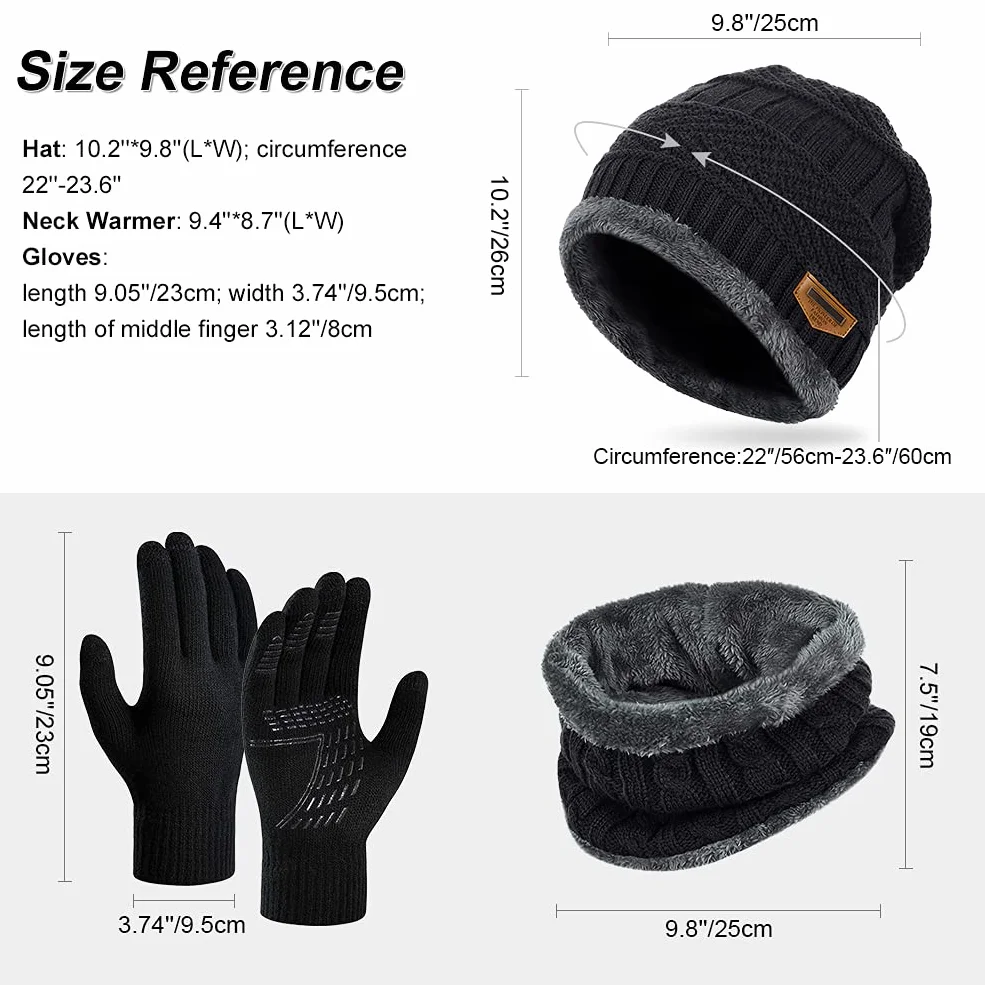 OOPOR Czapka zimowa szalik zestaw rękawiczek – ciepła dzianinowa czapka beanie koło ocieplacz na szyję rękawiczki do ekranu dotykowego sporty na świeżym powietrzu super miękka polarowa podszewka