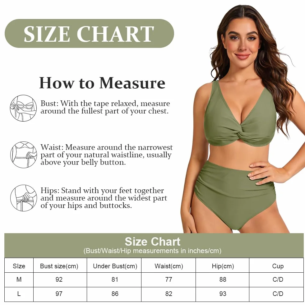 Damski zestaw bikini z wysokim stanem, stroje kąpielowe Twist Front, dekolt w serek, wyściełane dwuczęściowe stroje kąpielowe, kontrola brzucha, marszczone kostiumy kąpielowe, seksowne ubrania