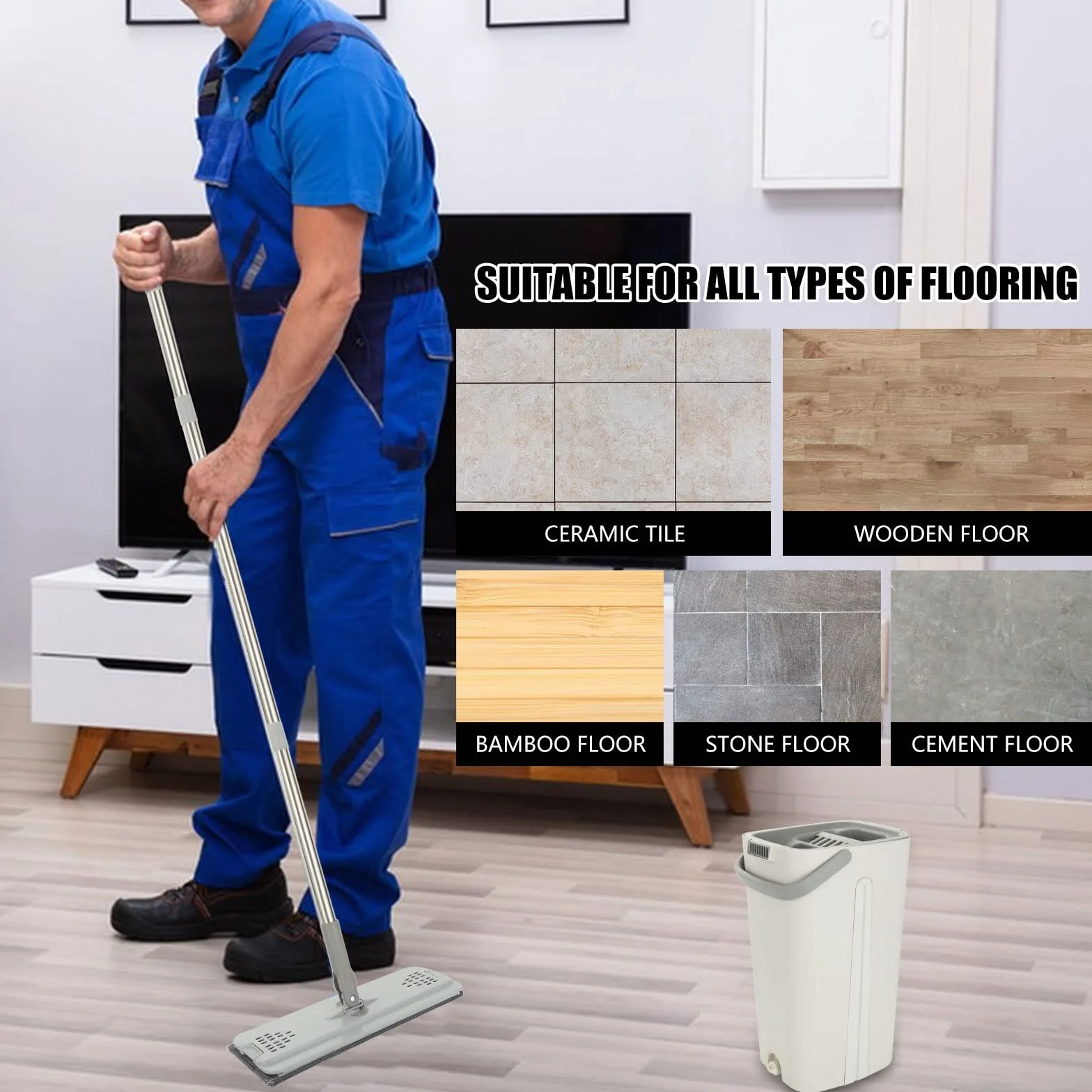 ASelected Płaski mop i wiadro z 10 podkładkami z mikrofibry, uchwyt ze stali nierdzewnej 123 cm, zestaw do mycia podłóg
