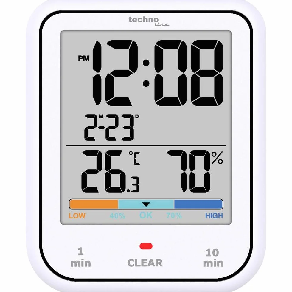 Technoline WT380 cyfrowy zegar łazienkowy z higrometrem i termometrem | wodoszczelny | timer prysznicowy | funkcja odliczania | duży wyświetlacz LCD | ze wskaźnikiem daty | biały