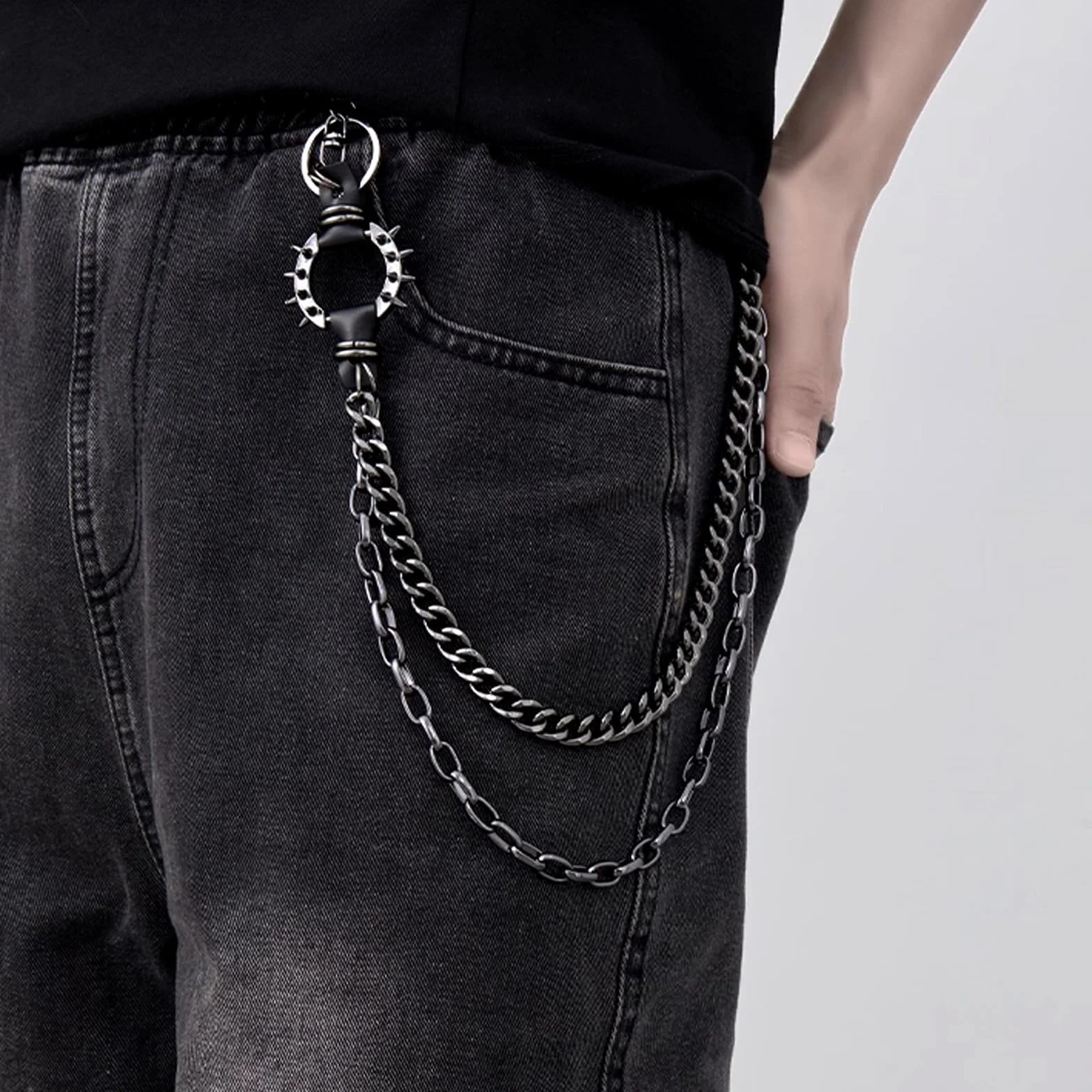 Łańcuszek do spodni, trójwarstwowy nit naszyjnik do gotyckich spodni, dżinsy Link Chain Portfel, Hip Hop ze stali nierdzewnej Punk kieszonkowy łańcuszek z wiszącym portfelem dla mężczyzn i