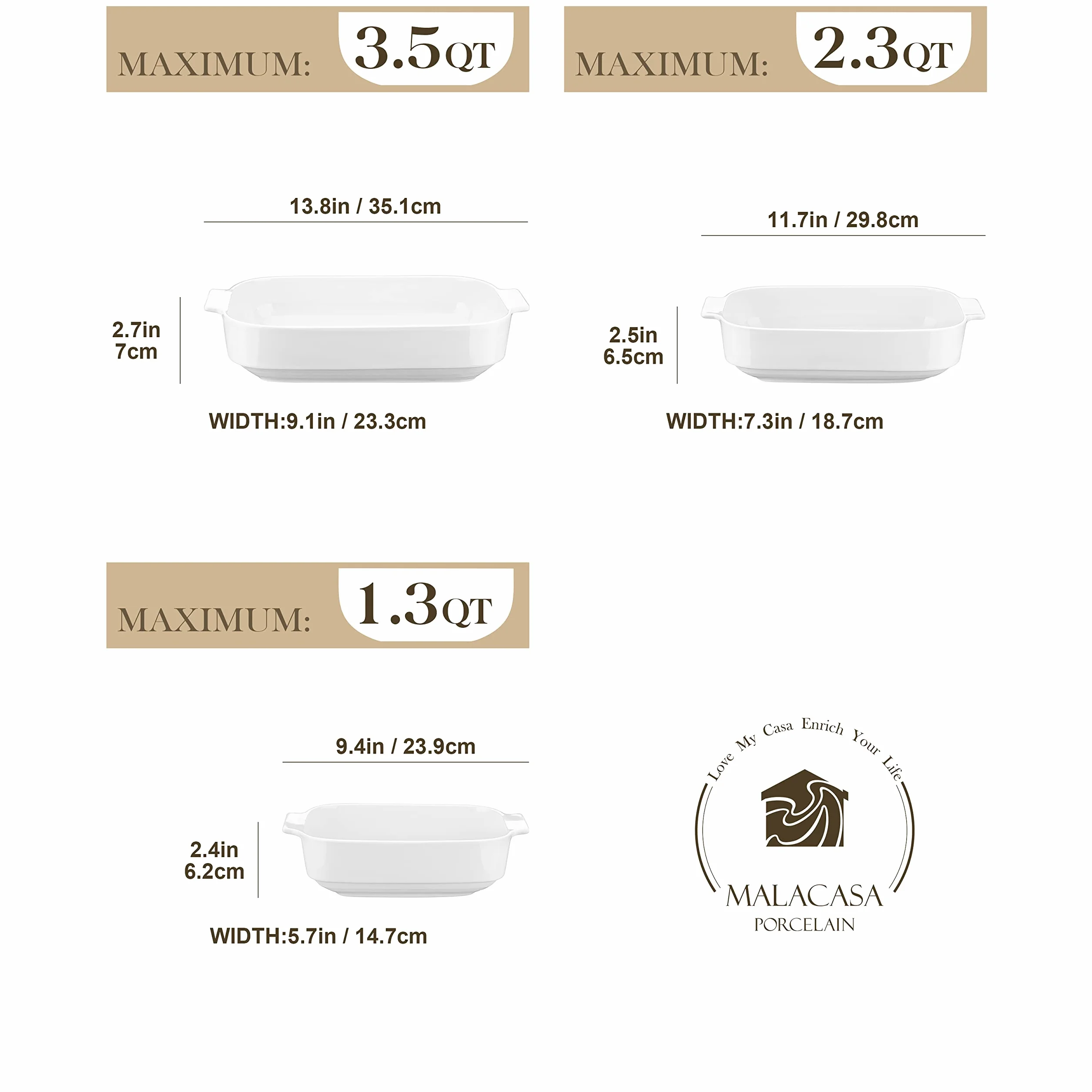MALACASA Zestaw 3 sztuk ceramicznych naczyń do zapiekanek BAKE