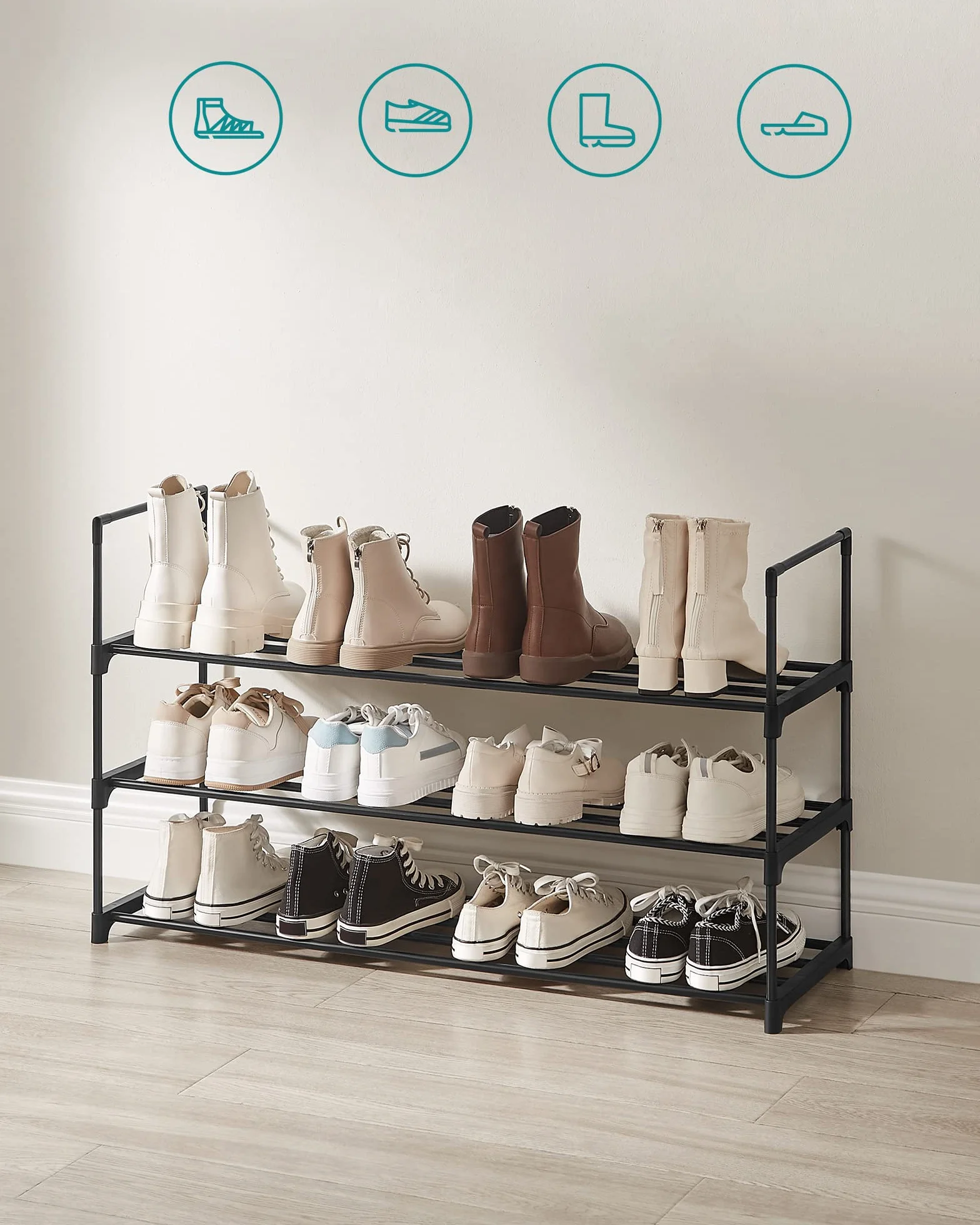 SONGMICS Regał na buty, 3-poziomowy, metalowy, 12-15 par, do korytarza, salonu, sypialni, 30 x 92 x 55 cm, czarny, LSA303B02