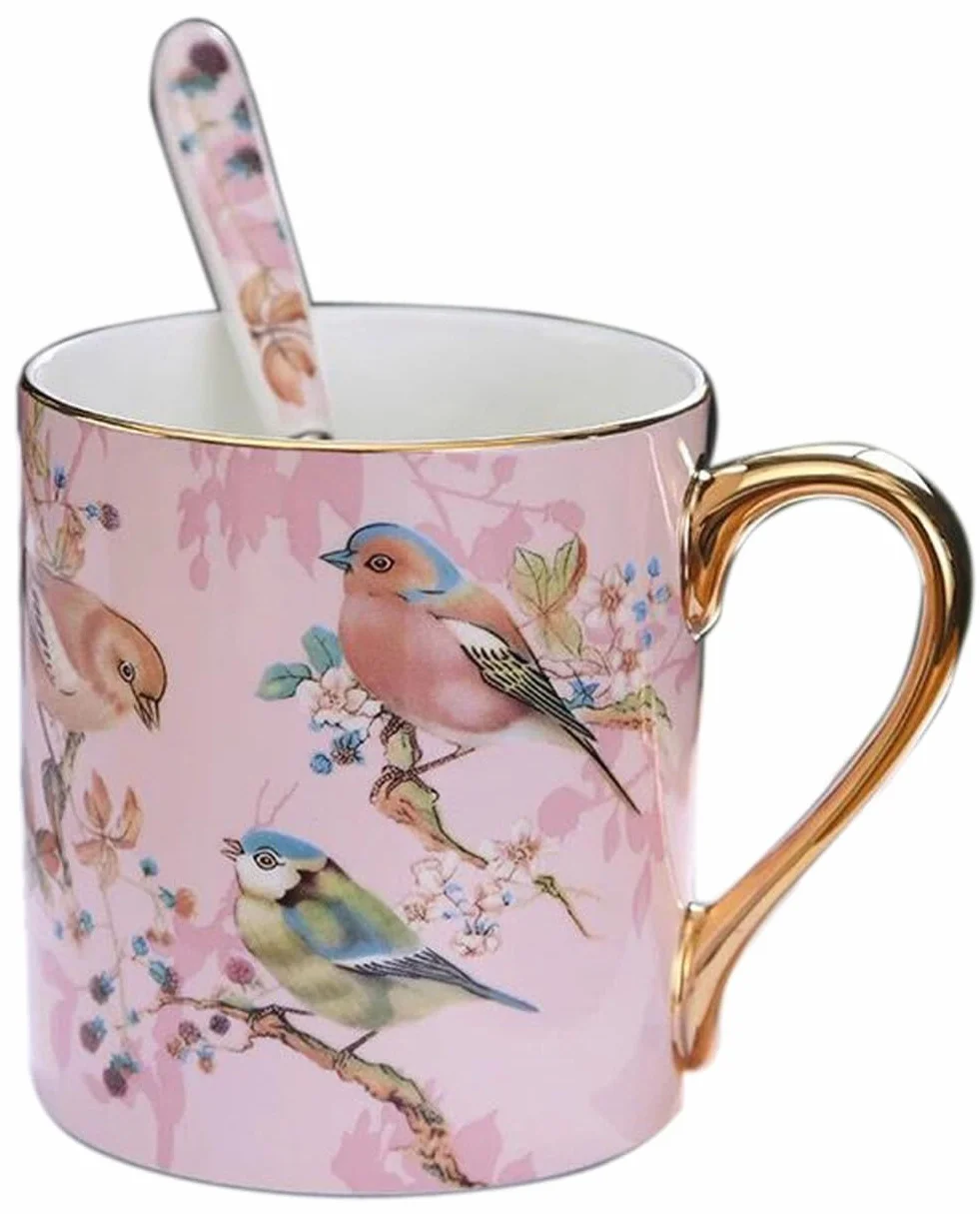 YBK Tech Porcelanowa Filiżanka do Herbaty z Porcelany Kostnej, 350 ml Kubek do Kawy - Wzór Ptaków (Różowy)