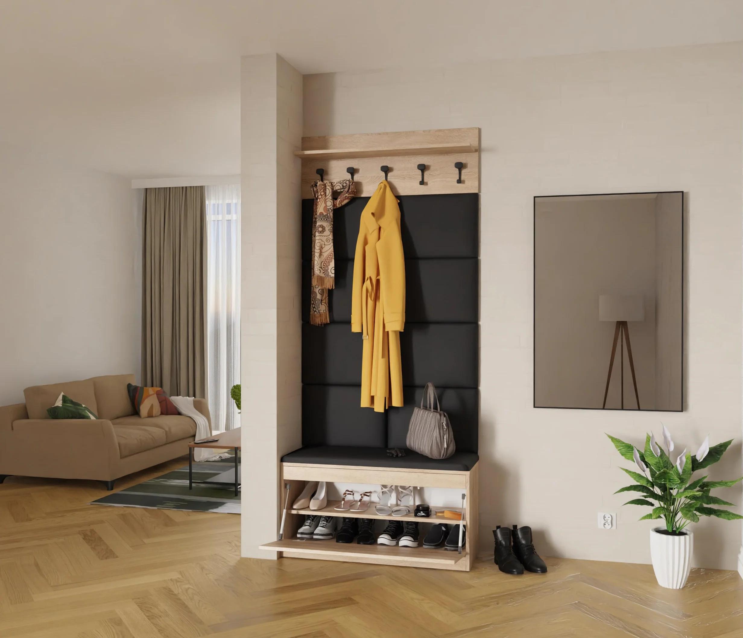 PLATAN ROOM Garderoba ścienna z panelem garderobianym, szafką na buty i szafką wiszącą, 100 cm, garderoba do przedpokoju, zestaw garderobiany na korytarz, dąb dębowy, białe drewno (3-częściowy z 8