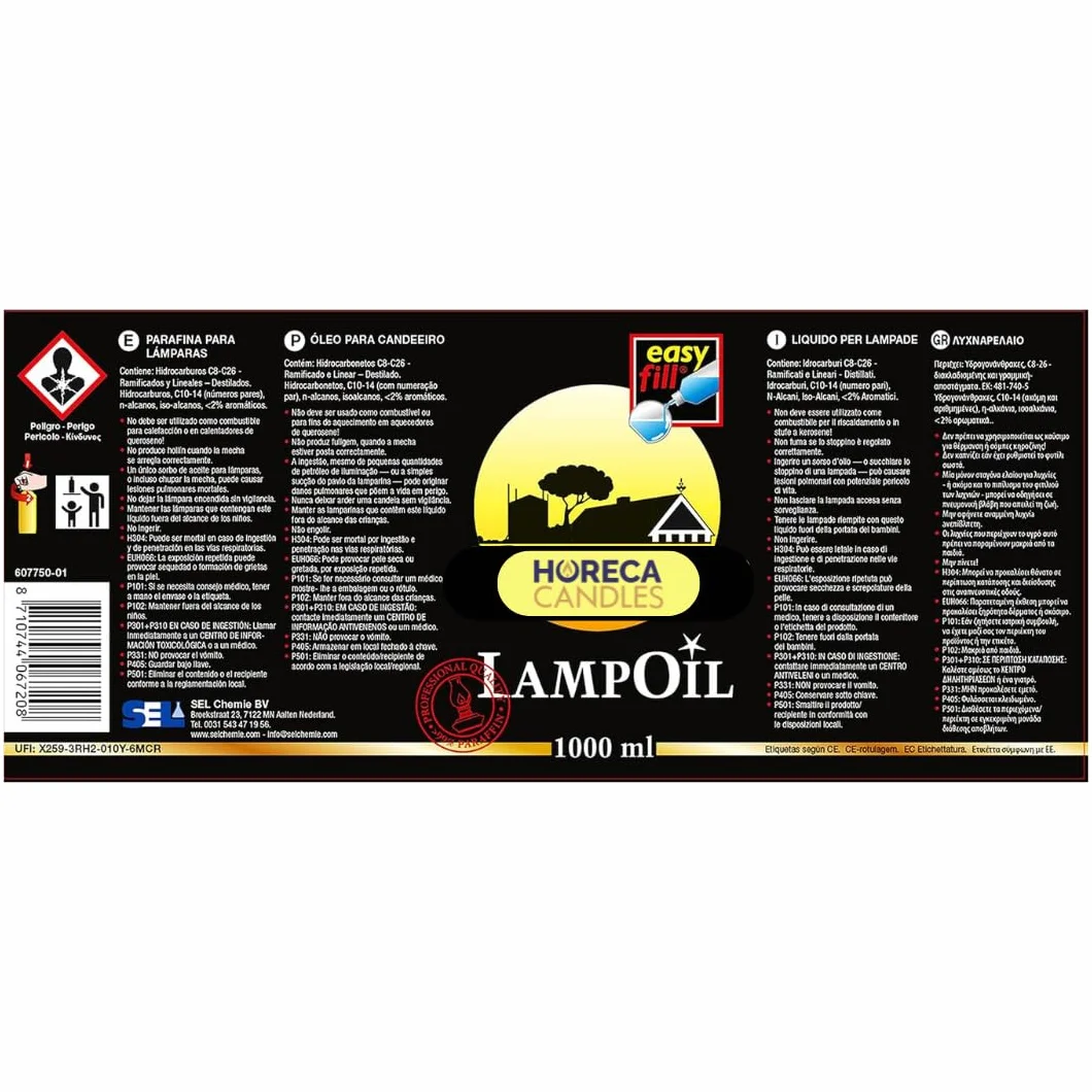 HORECA CANDLES Olej do Lamp – 1L Parafina Płynna, Bez Dymu i Zapachu, Długi Czas Palenia, Bezpieczne Paliwo do Świec Kościelnych, Lamp i Pochodni, Do Wnętrz i Na Zewnątrz