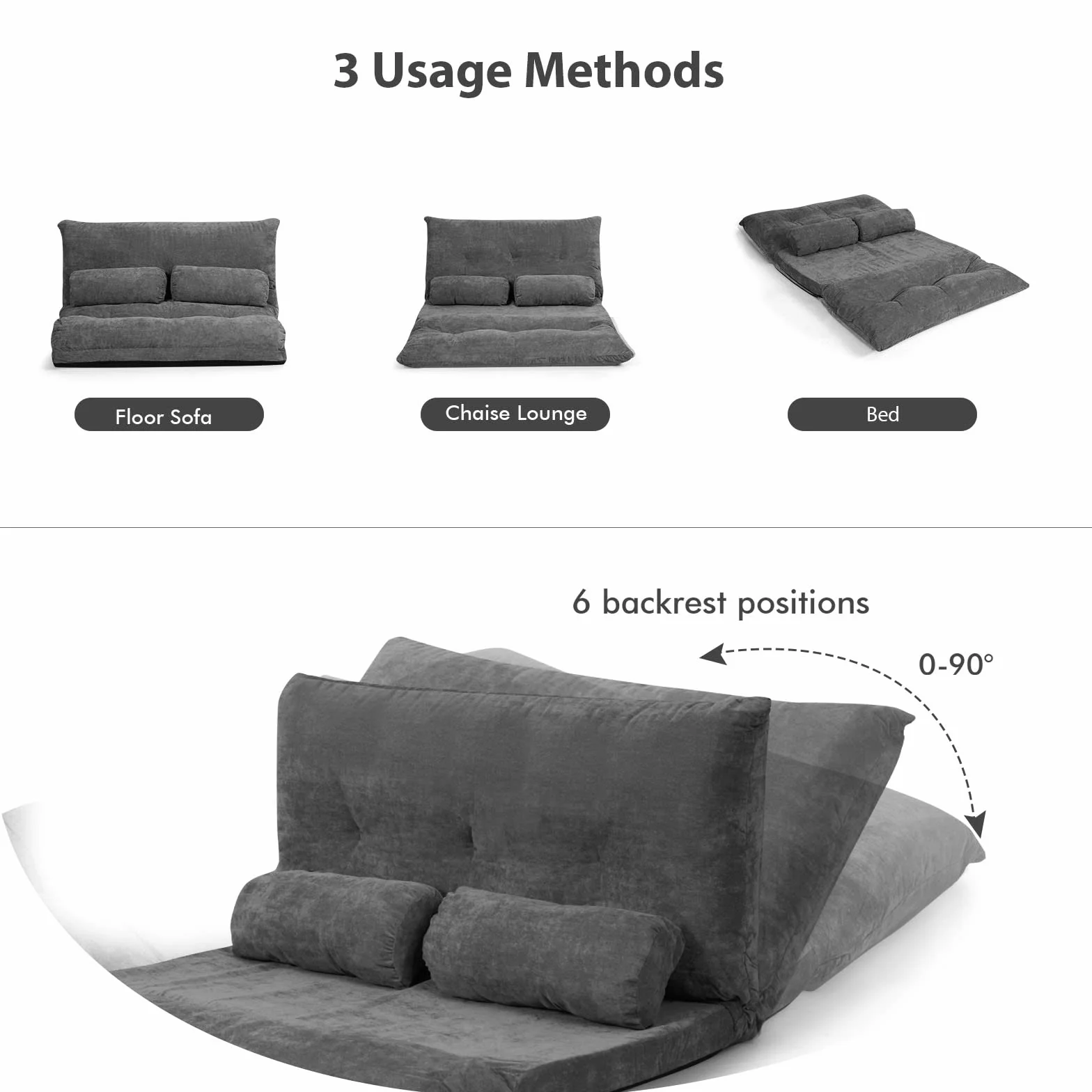 LIFEZEAL Sofa do spania 2-osobowa, składana sofa podłogowa, fotel podłogowy, regulowany w 6 pozycjach, poduszka do siedzenia z 2 poduszkami lędźwiowymi, do 150 kg, składana sofa do salonu (kolor szary