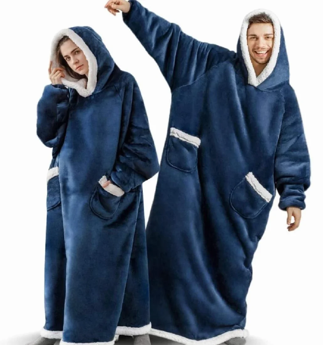 Przytulny koc z rękawami oversize z kapturem bluza Sherpa dla kobiet i mężczyzn niebieski