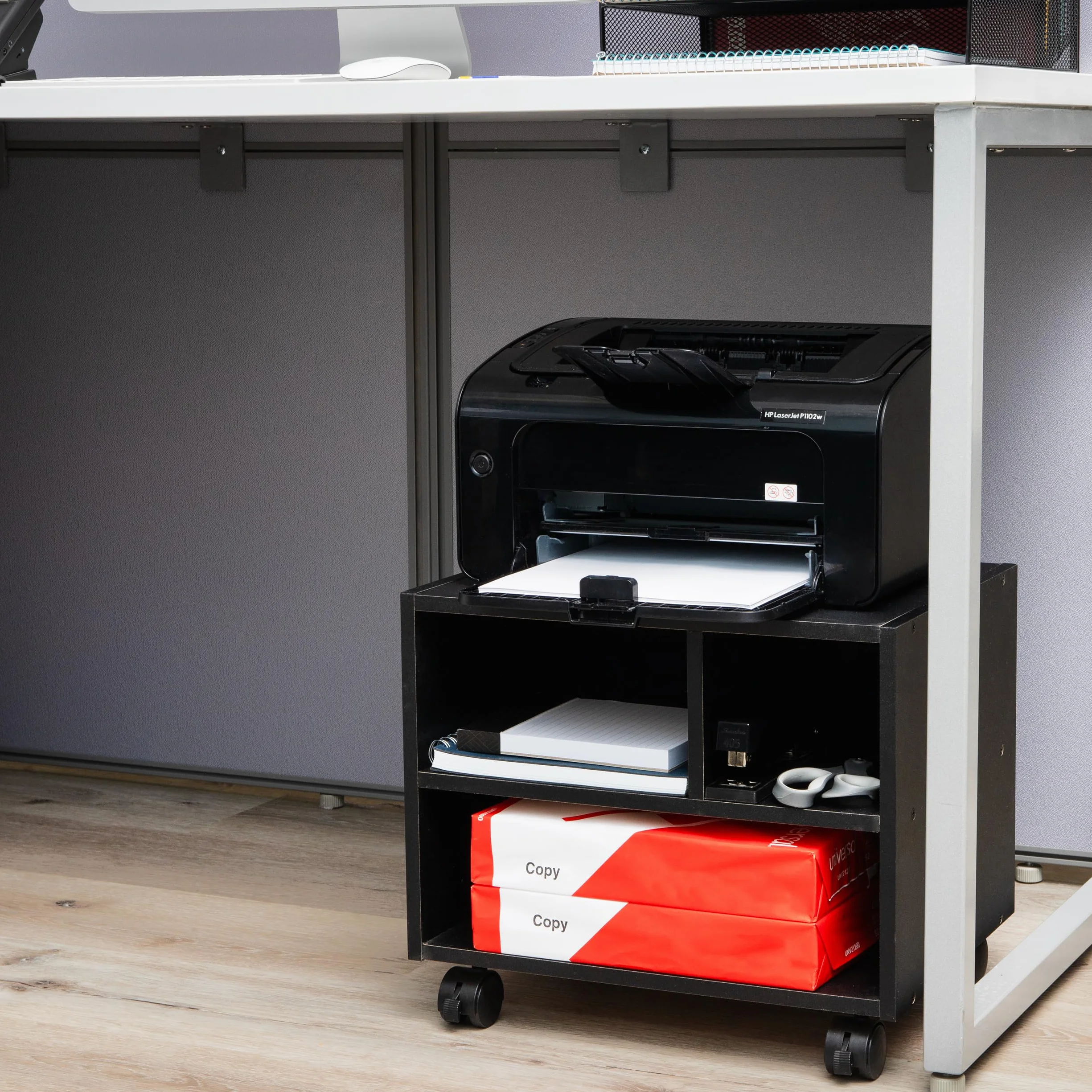 Mind Reader Wózek do drukarki MDF, półki organizacyjne na rolki, przechowywanie papieru, kółka blokujące, nośność 31 kg, czarny