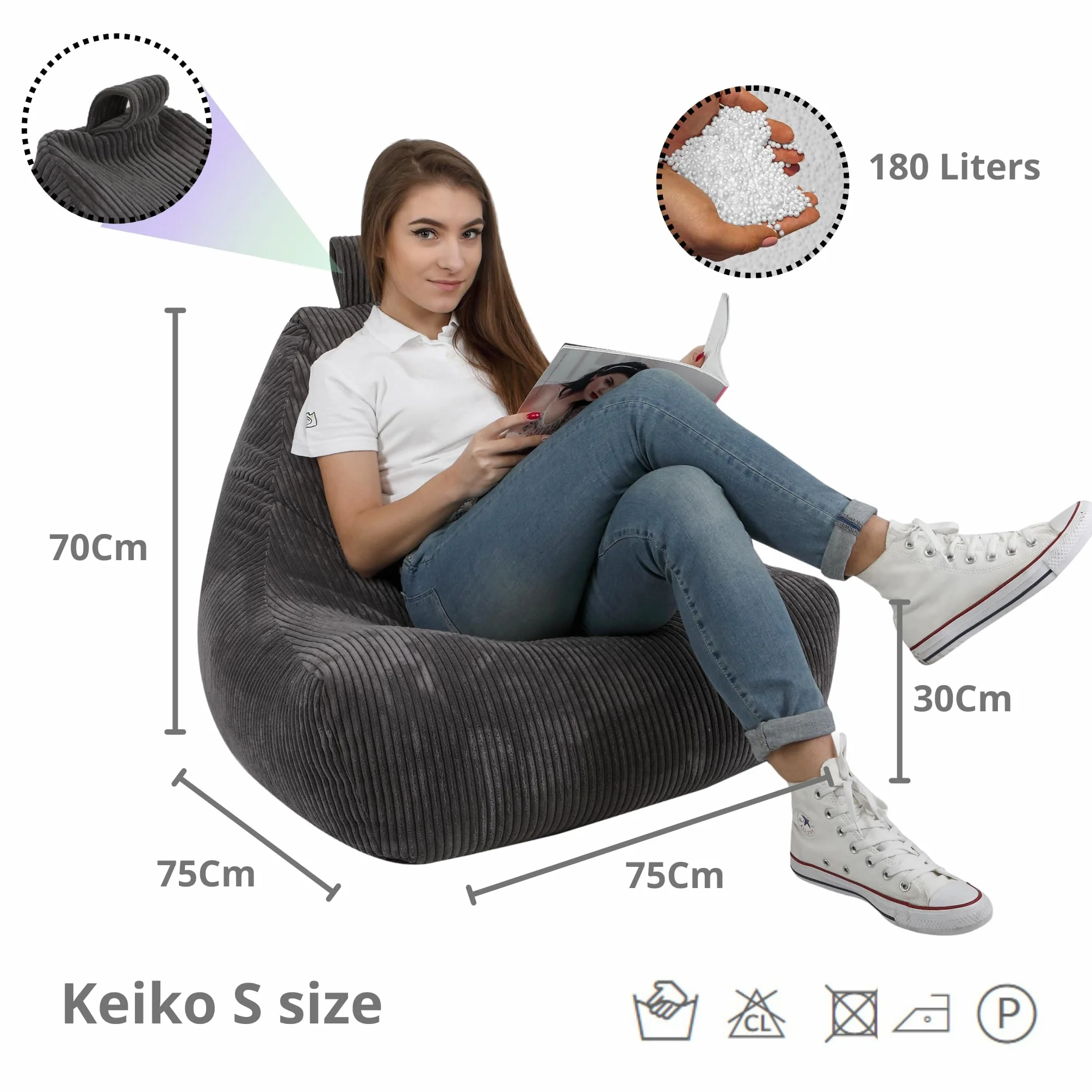 Ecopuf Keiko Siedzisko Cord Fotel Rozmiar S 75x75x70 cm welur z uchwytem i poduszką
