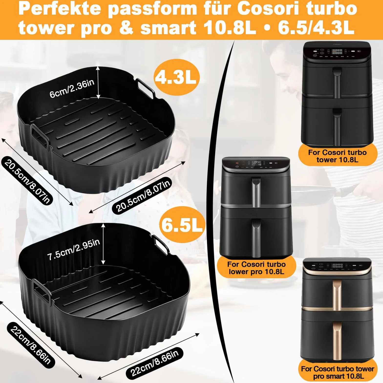 2 szt. Airfryer akcesoria do Cosori Turbo Tower 10,8 l, Double Stack Airfryer, silikonowa forma do frytkownicy na gorące powietrze, akcesoria do COSORI DC111, DC112 i DC113S (6,5 l i 4,3 l)