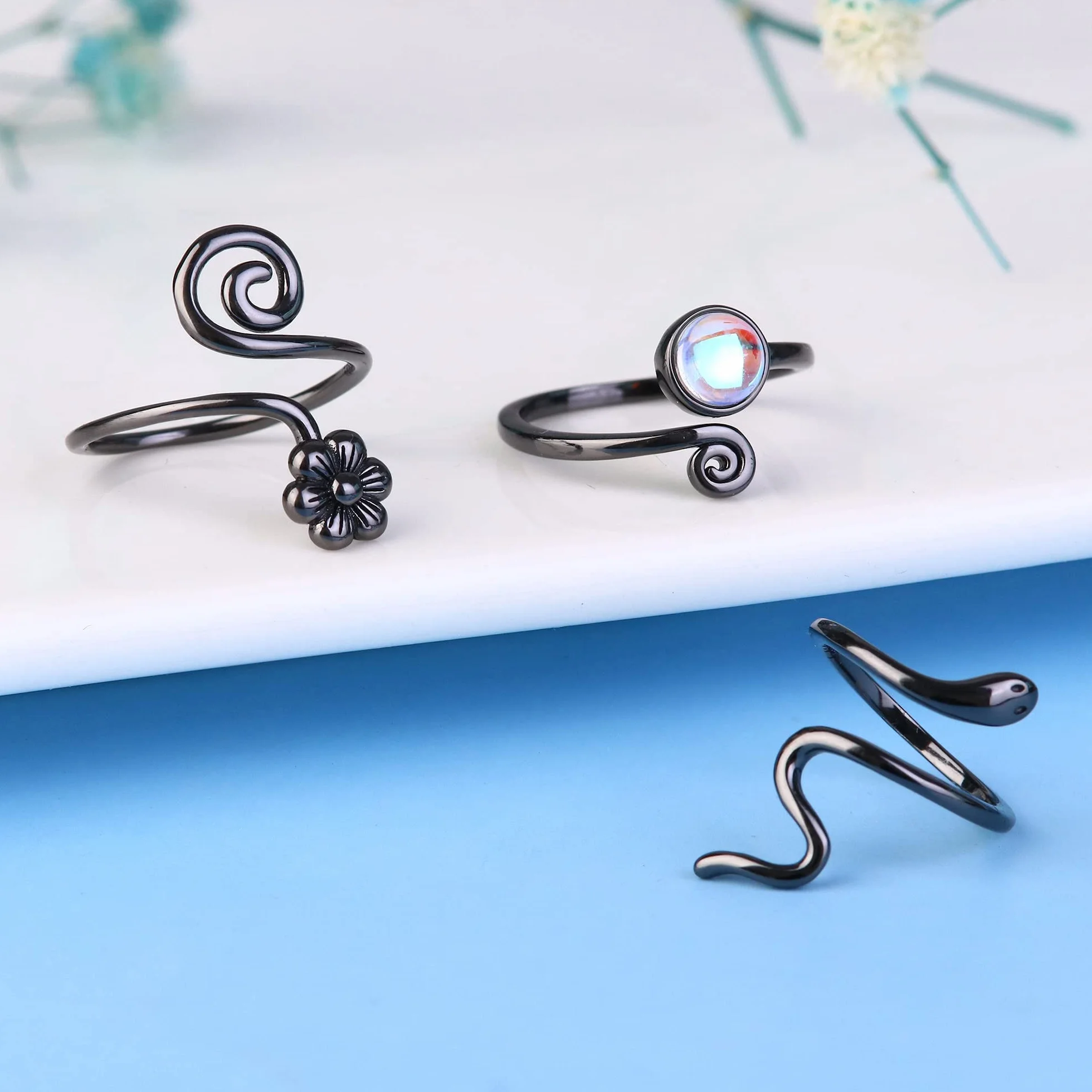 Sllaiss 3PCS 925 Sterling Silver Czarny Pierścień do palca dla kobiet Mężczyzn Otwarty Regulowany Pierścień Czarny Twist Flower Cool Toe Ring Zestaw palca Pierścień Foot Biżuteria