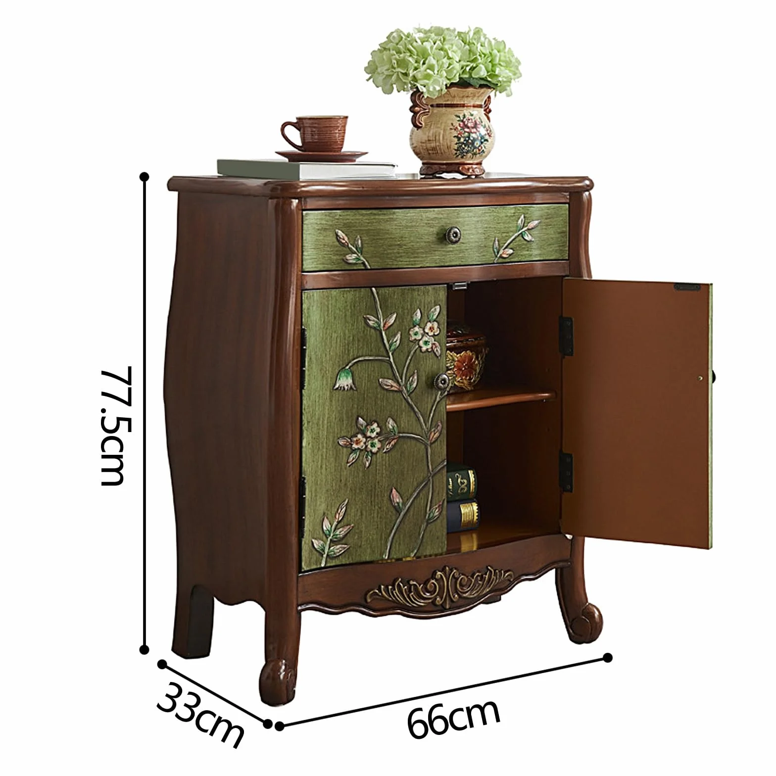Szafka na Biżuterię z 1 Szufladą i 2 Drzwiami Drewniana Szafka Boczna Szafki do Sypialni Meble Malowane w Stylu Retro (Orzech i Zieleń, 66 * 33 * 77.5cm)