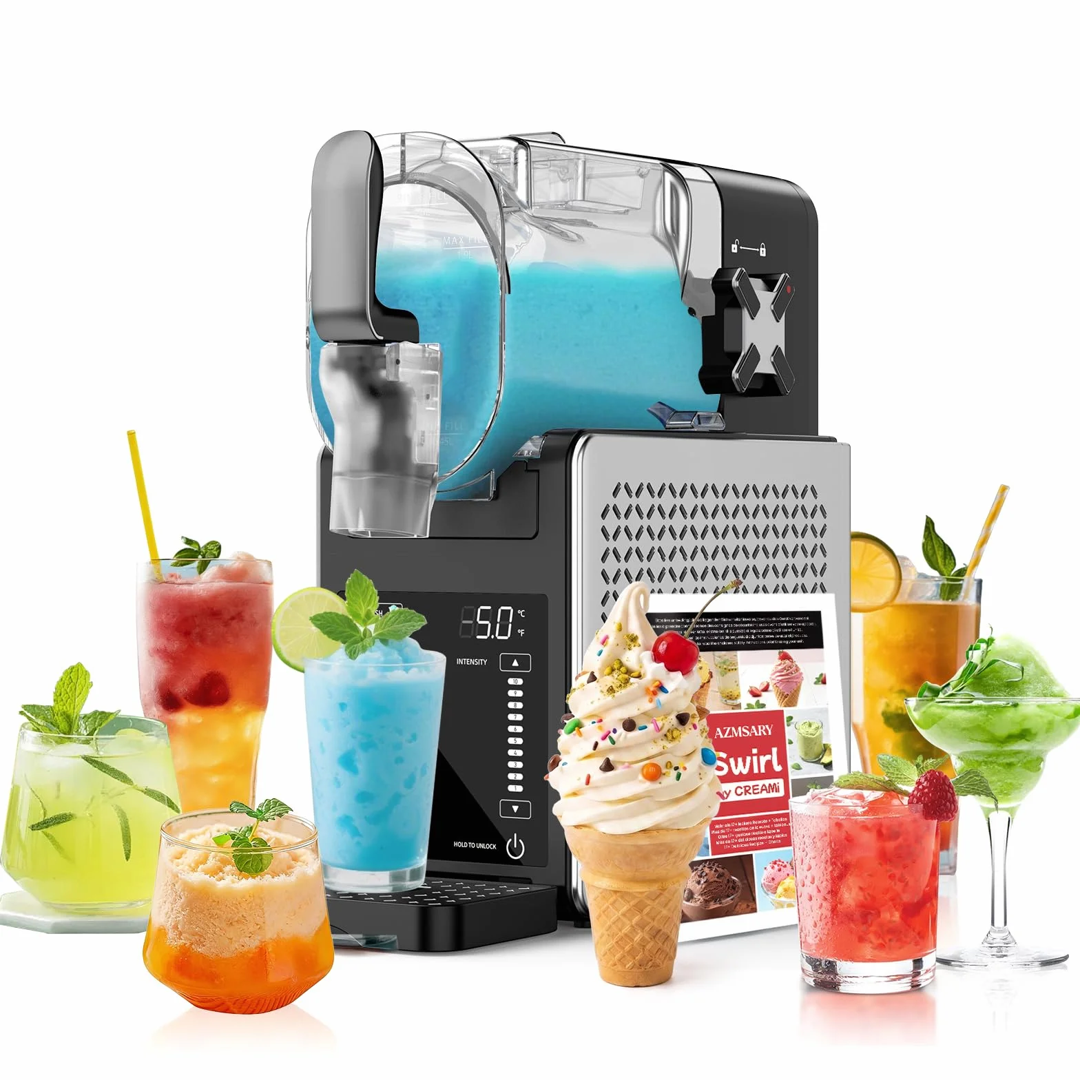 Maszyna do slushie – łatwa obsługa jednym przyciskiem, 2,5 l, nie wymaga lodu, z wyświetlaczem LED, 6 automatycznych programów do margarity, frappé, koktajli mlecznych, prosta obsługa jednym (srebrny)