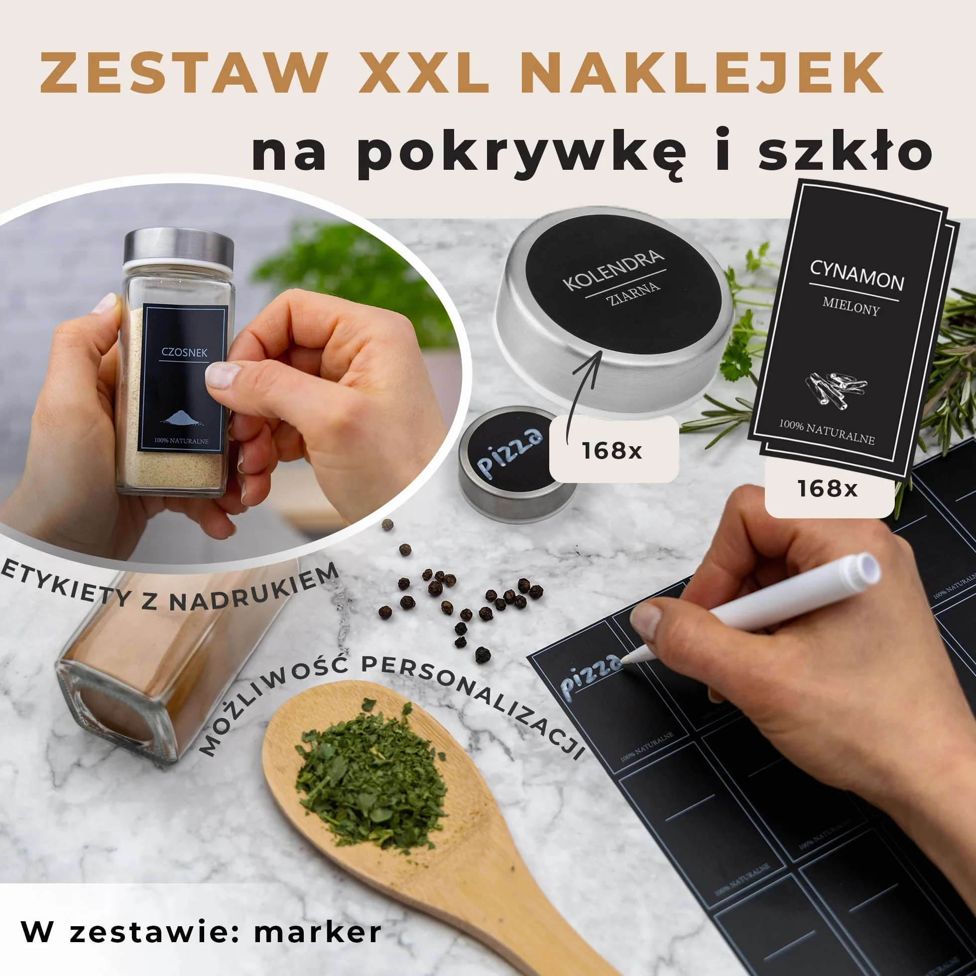 Comforder Zestaw 24 Szklanych Słoiczków na Przyprawy 120ml z 336 Etykietami i Młynkami
