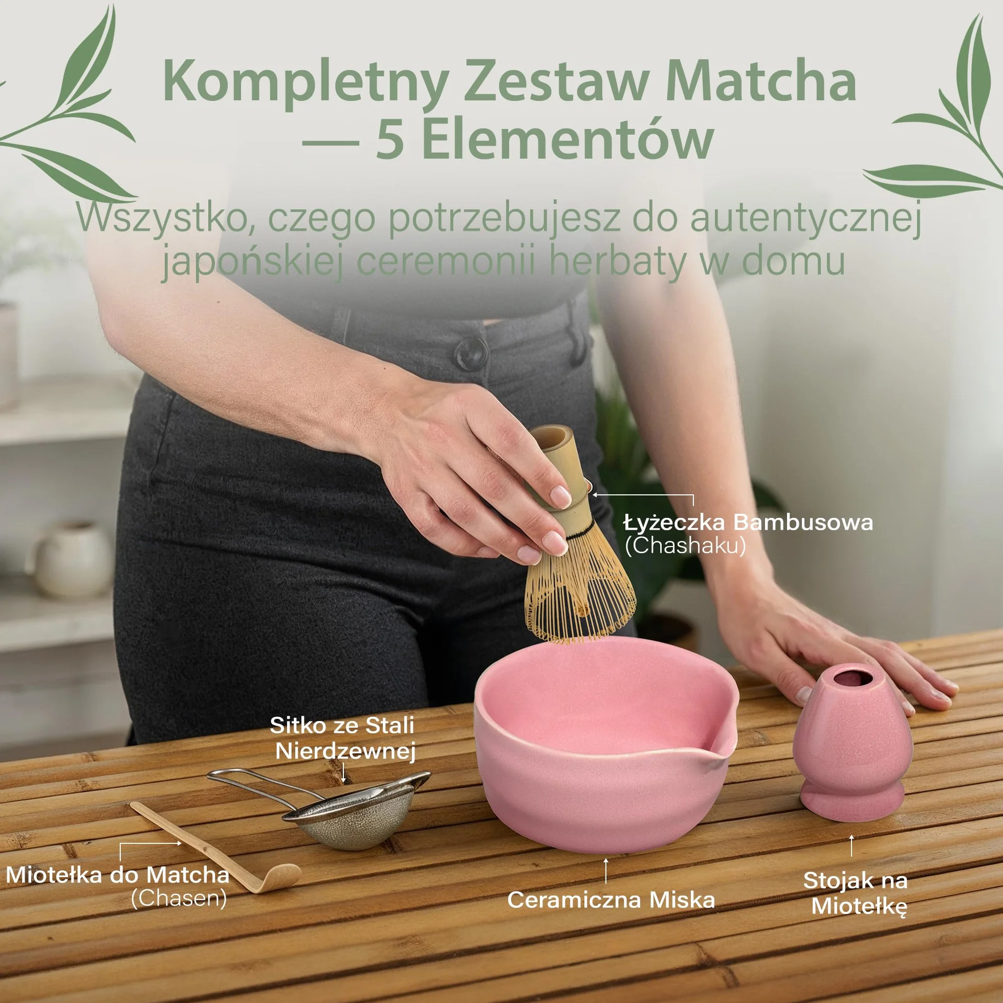 Comforder Zestaw do Herbaty Matcha z Ceramiczną Miseczką, Bambusową Trzepaczką i Podstawką, Różowy