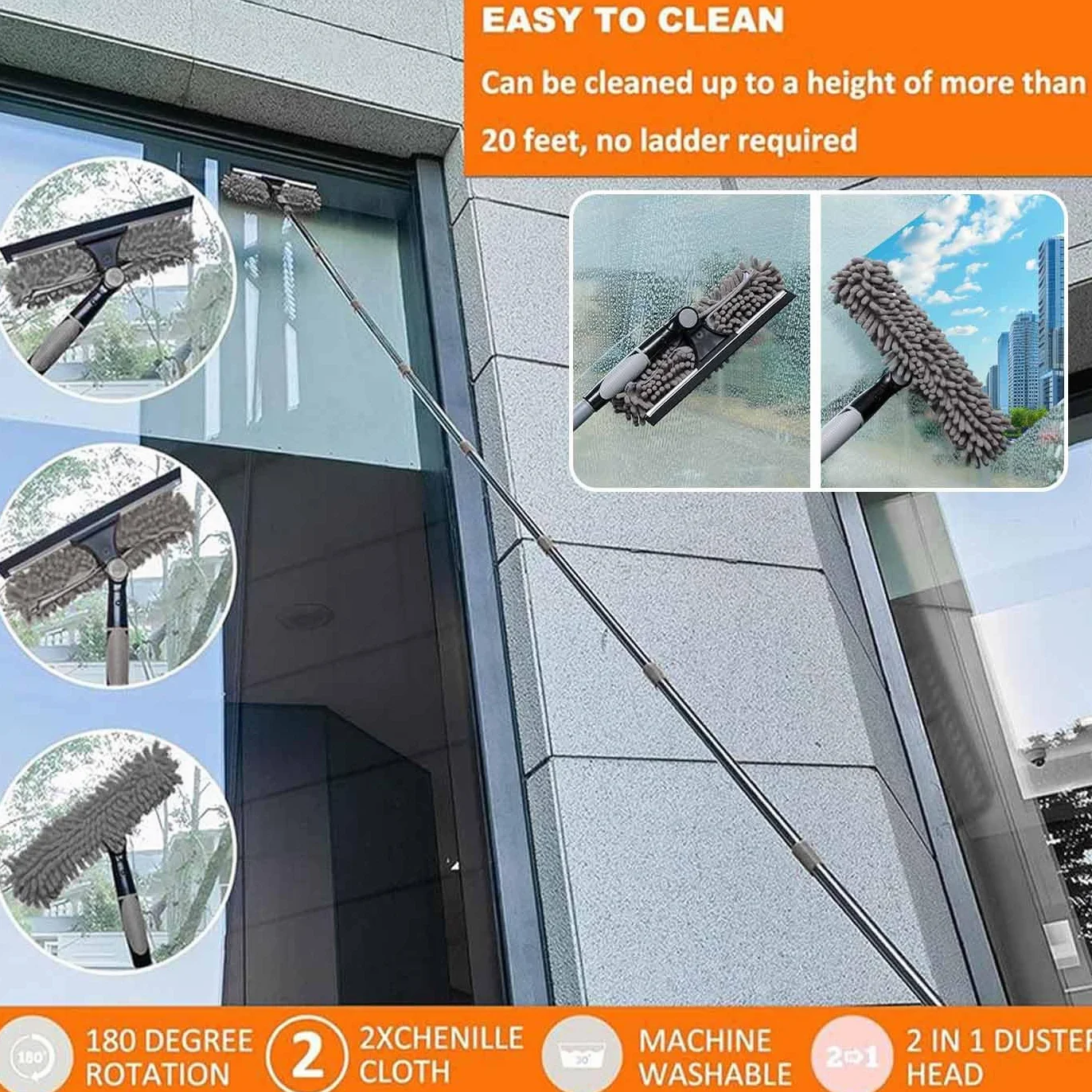 High Reach Duster Kit 1.5-4.9m Extension Cord Extendable Long Handle Spider Web Cleaner Ceiling Fan Brush