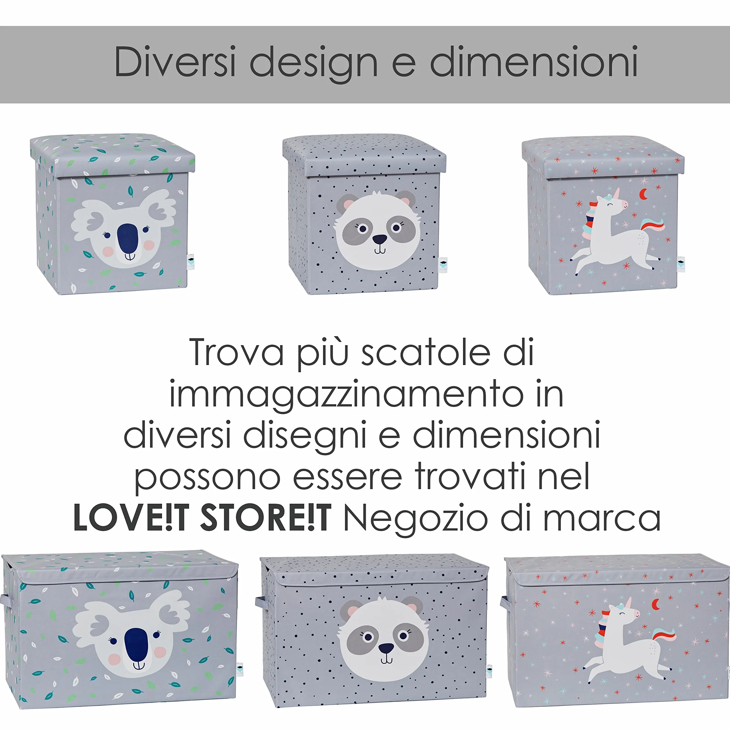 LOVE IT STORE IT Taboret do siedzenia z miejscem do przechowywania – skrzynia na zabawki z materiału – wzmocniona drewnem – obciążenie do 150 kg – szary z pandą – 35 x 35 x 35 cm
