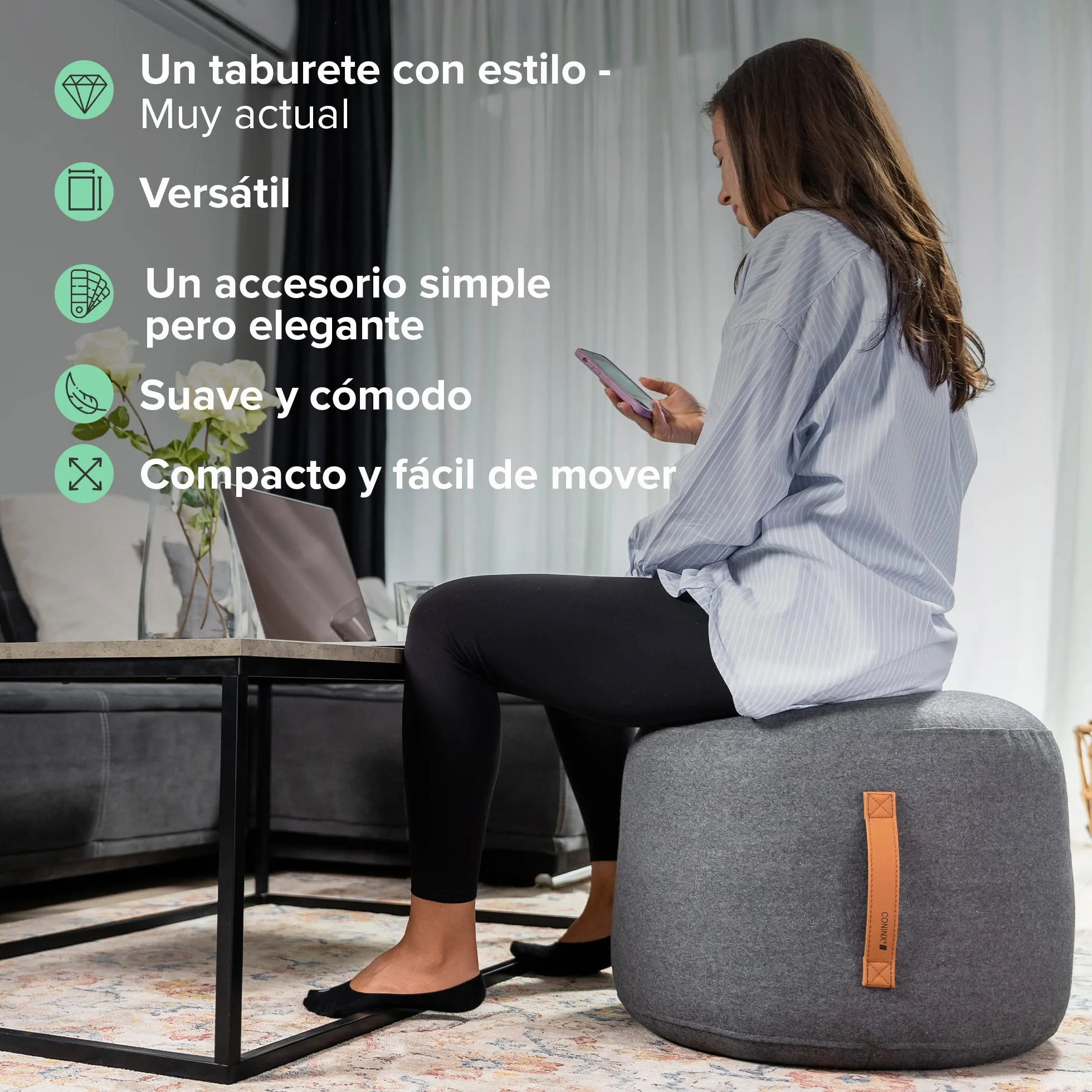 Coninx Wełniana pufa Home antracyt 50 x 40 cm podnóżek z uchwytem skórzanym