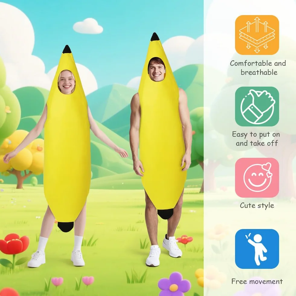 Kostium bananowy, zabawny kostium banana i 1 sztuka dmuchany banan, kostiumy owocowe dla dorosłych na Halloween, na imprezy tematyczne, Boże Narodzenie, cosplay, unisex