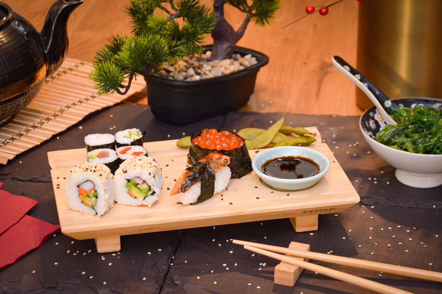 DuneDesign Zestaw naczyń do sushi dla 2 osób bambusowa taca do serwowania 27x16x4