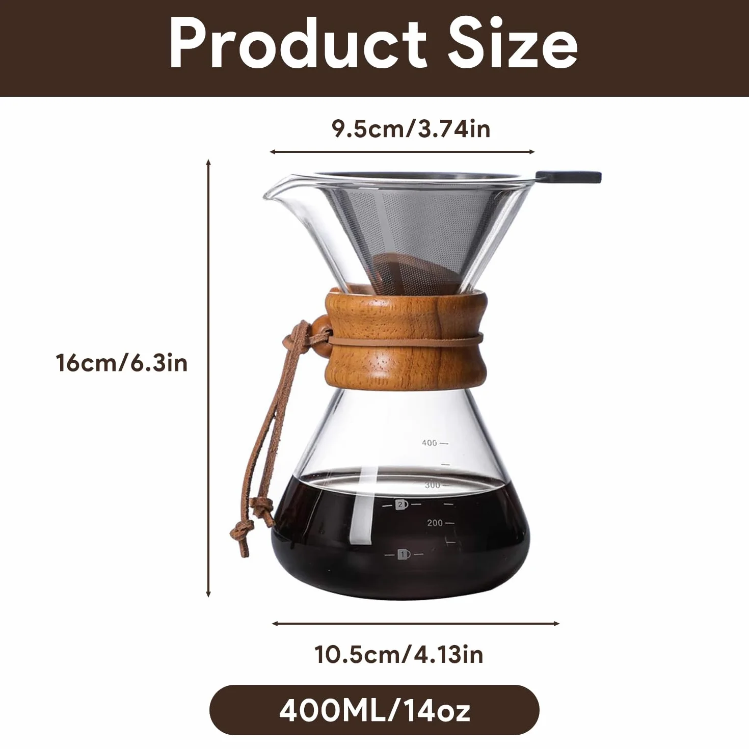 Tissting Pour Over ekspres do kawy 400 ml z karafką i filtrem ręcznym ze stali nierdzewnej – stały filtr ze szkła na 1-2 filiżanki